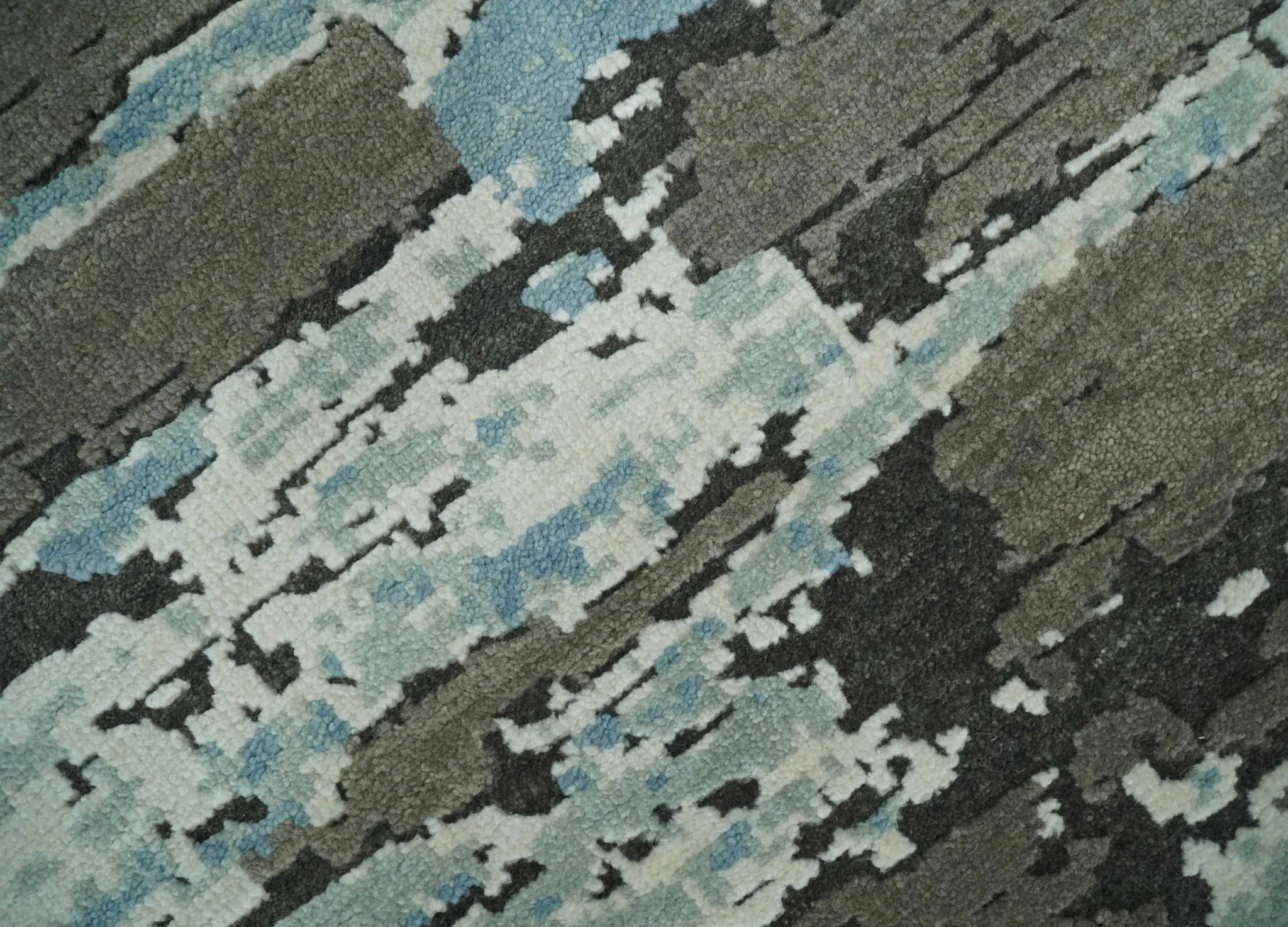 8x10 Hand Knotted Charcoal, Ivory and Aqua Modern Abstract Wool Area Rug - Image 4