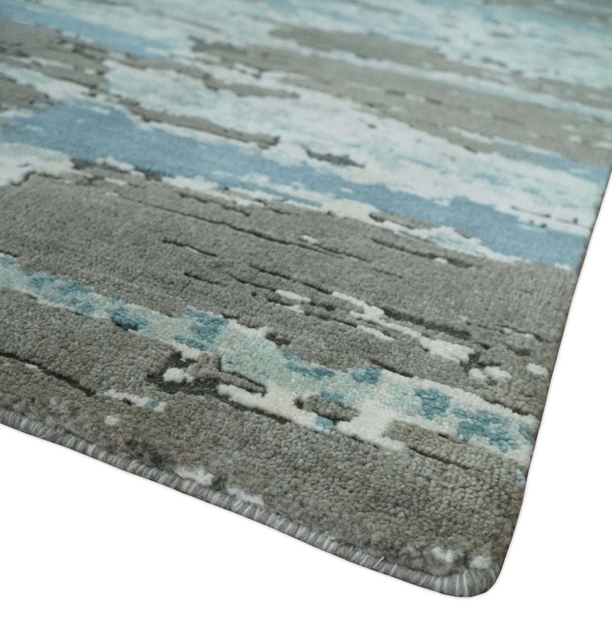 8x10 Hand Knotted Charcoal, Ivory and Aqua Modern Abstract Wool Area Rug - Image 5