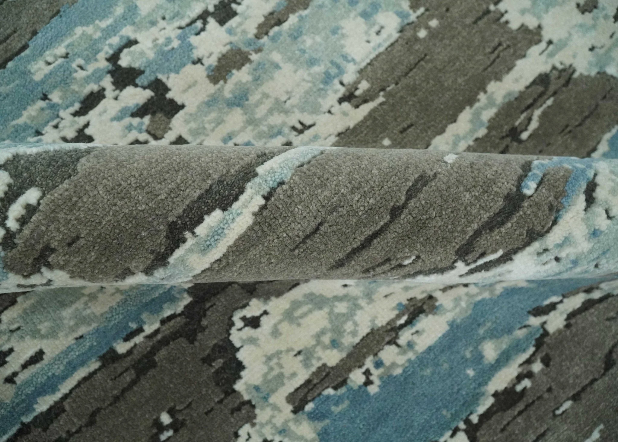 8x10 Hand Knotted Charcoal, Ivory and Aqua Modern Abstract Wool Area Rug - Image 6