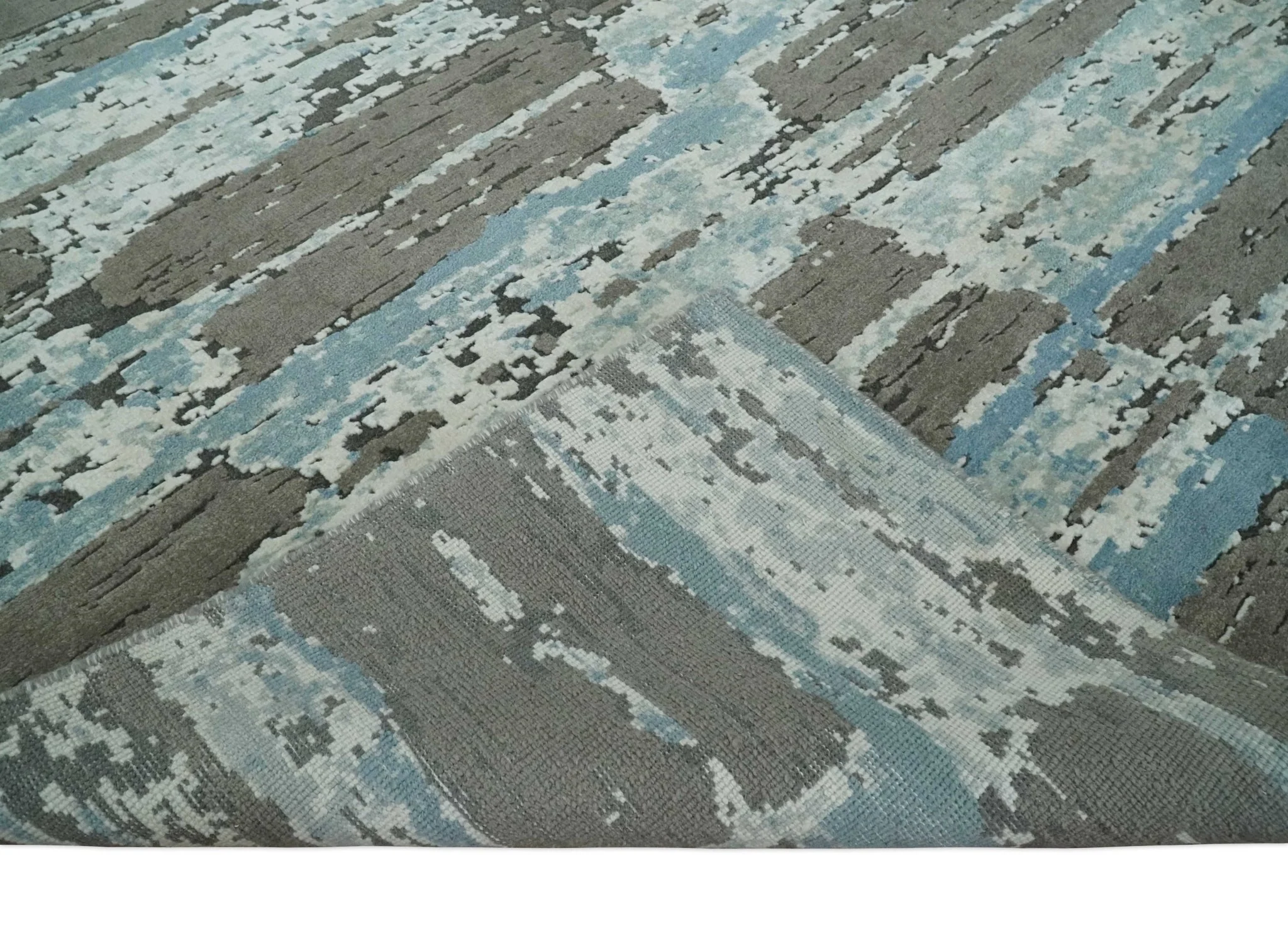 8x10 Hand Knotted Charcoal, Ivory and Aqua Modern Abstract Wool Area Rug - Image 7