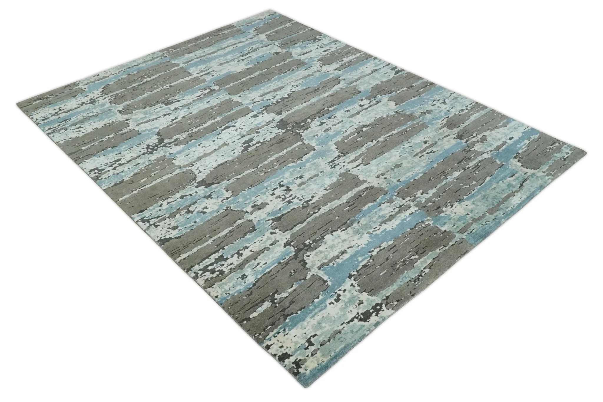 8x10 Hand Knotted Charcoal, Ivory and Aqua Modern Abstract Wool Area Rug - Image 9