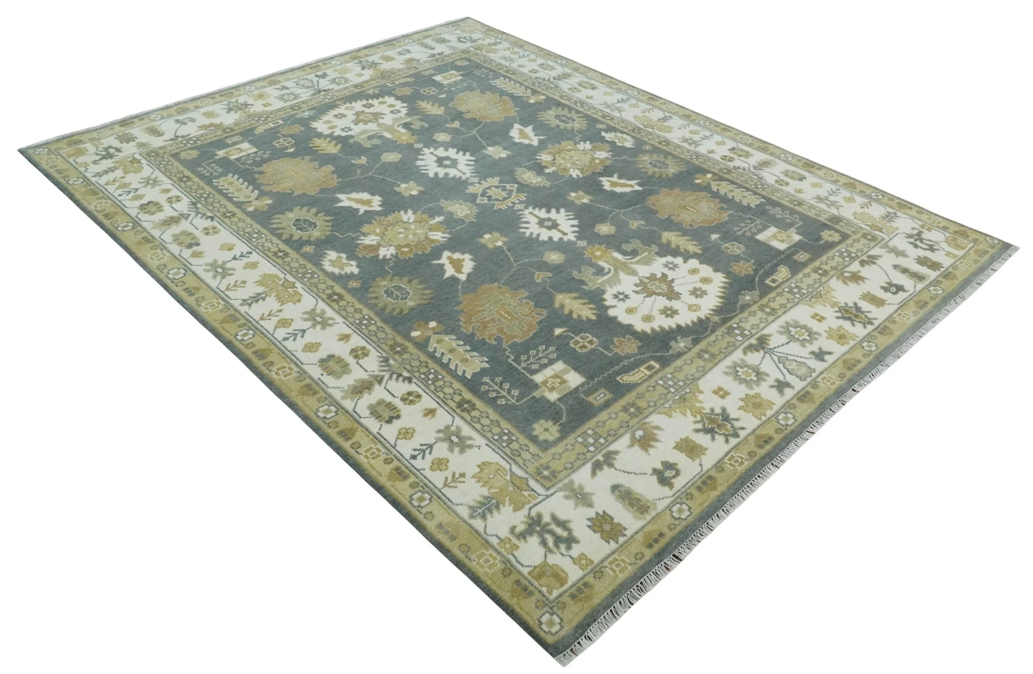 8x10 Hand Knotted Charcoal, Ivory and Beige Traditional Oriental Oushak Wool Rug - Image 10