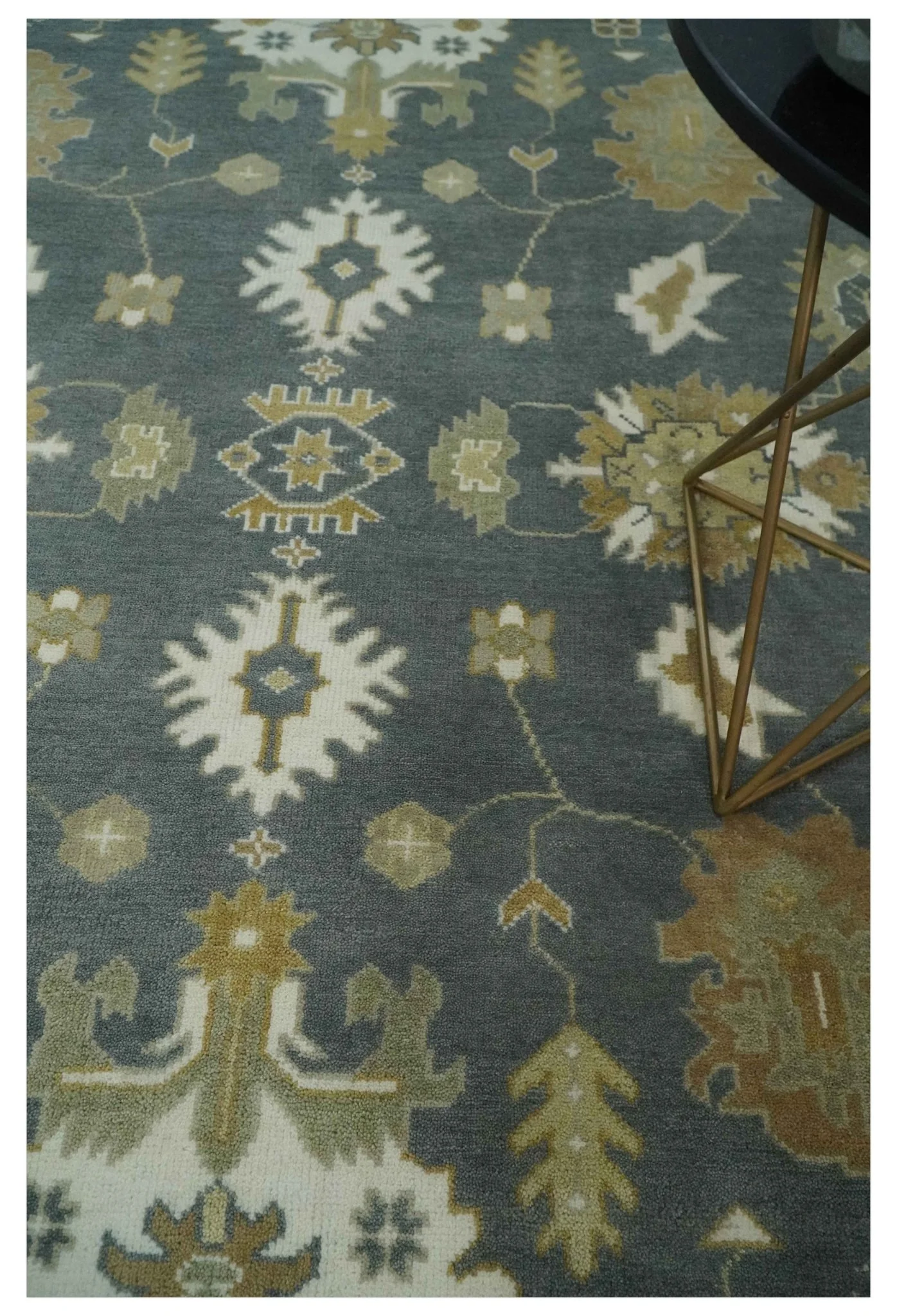 8x10 Hand Knotted Charcoal, Ivory and Beige Traditional Oriental Oushak Wool Rug - Image 2