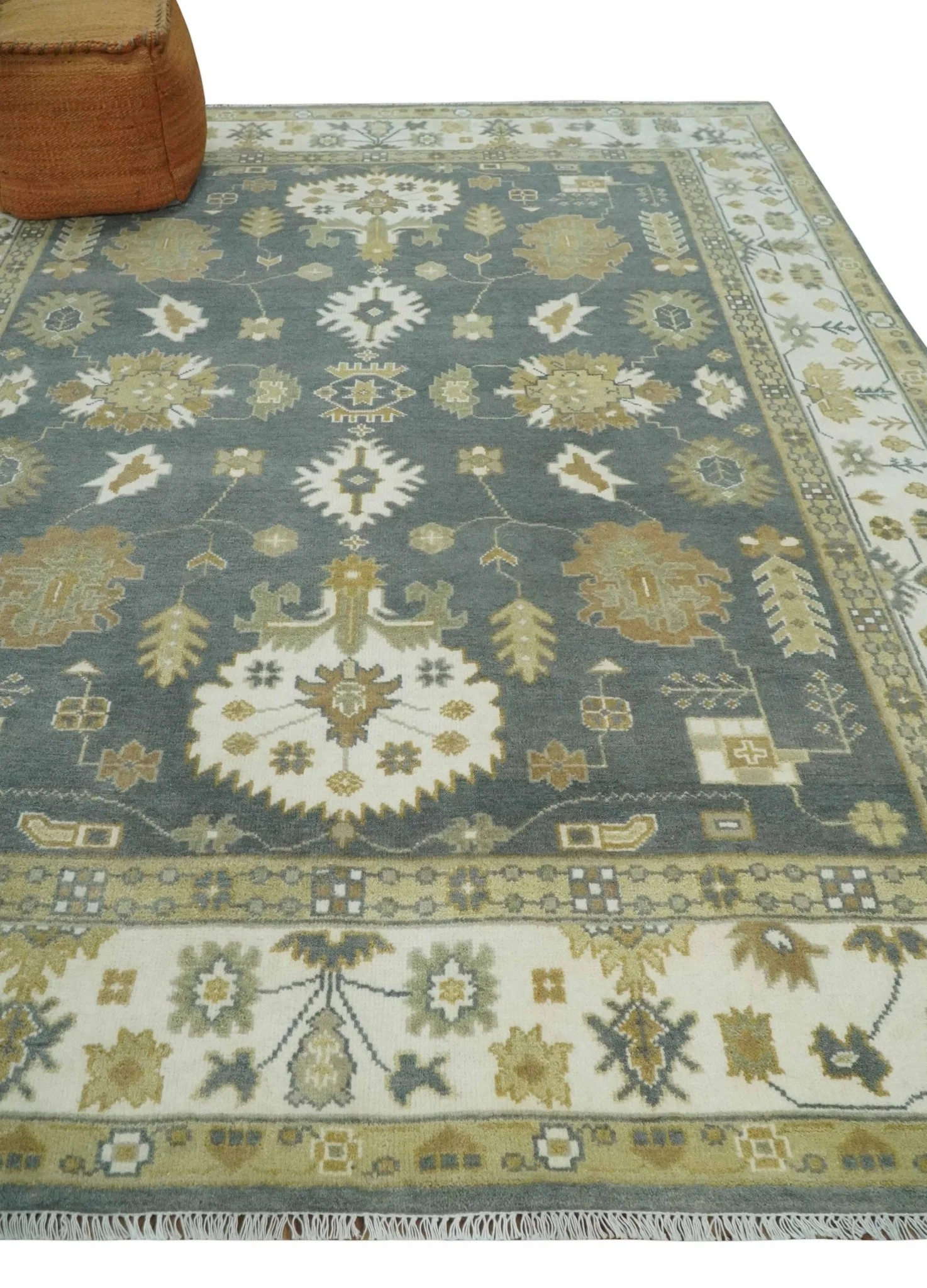 8x10 Hand Knotted Charcoal, Ivory and Beige Traditional Oriental Oushak Wool Rug - Image 3