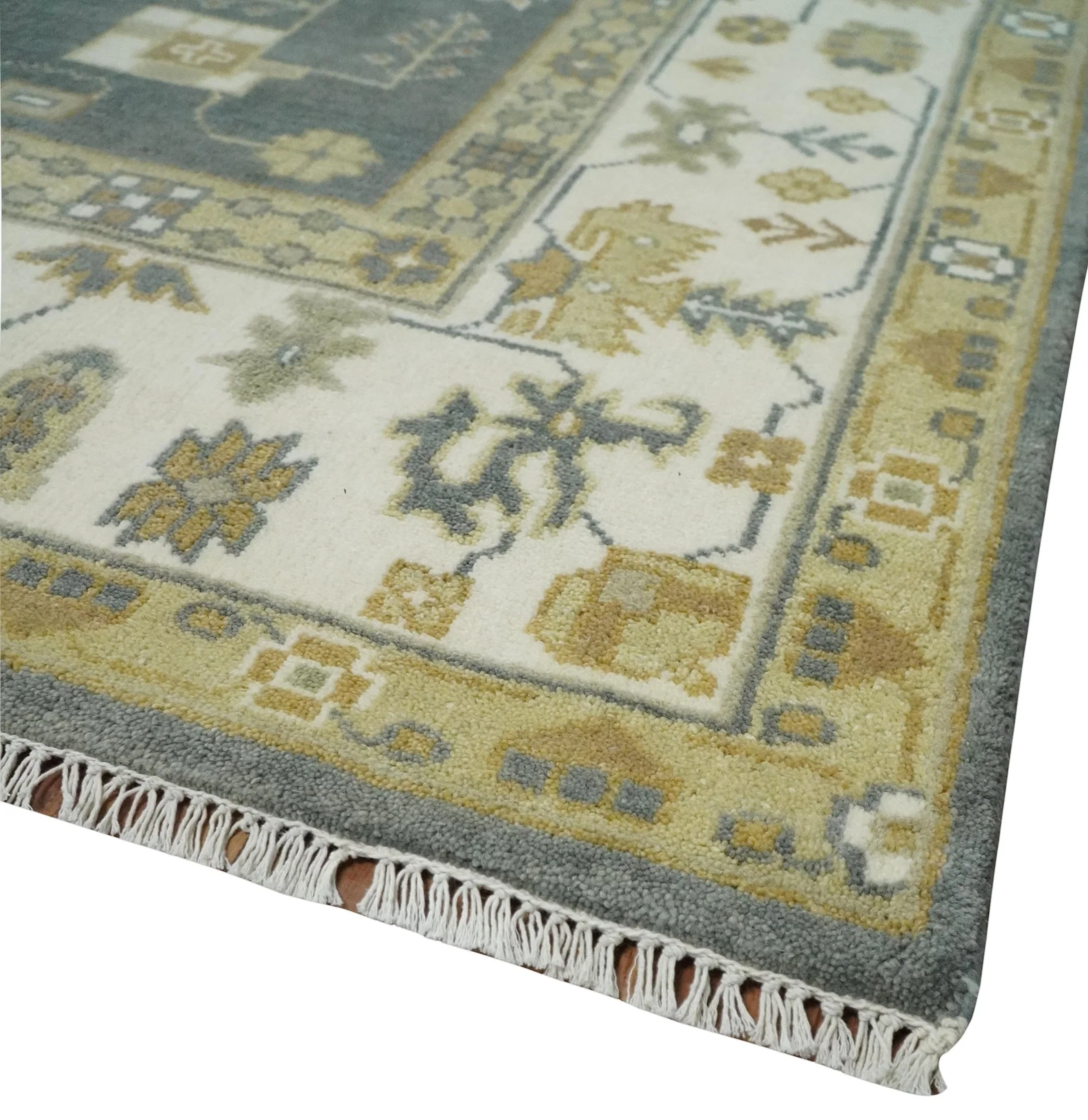 8x10 Hand Knotted Charcoal, Ivory and Beige Traditional Oriental Oushak Wool Rug - Image 5