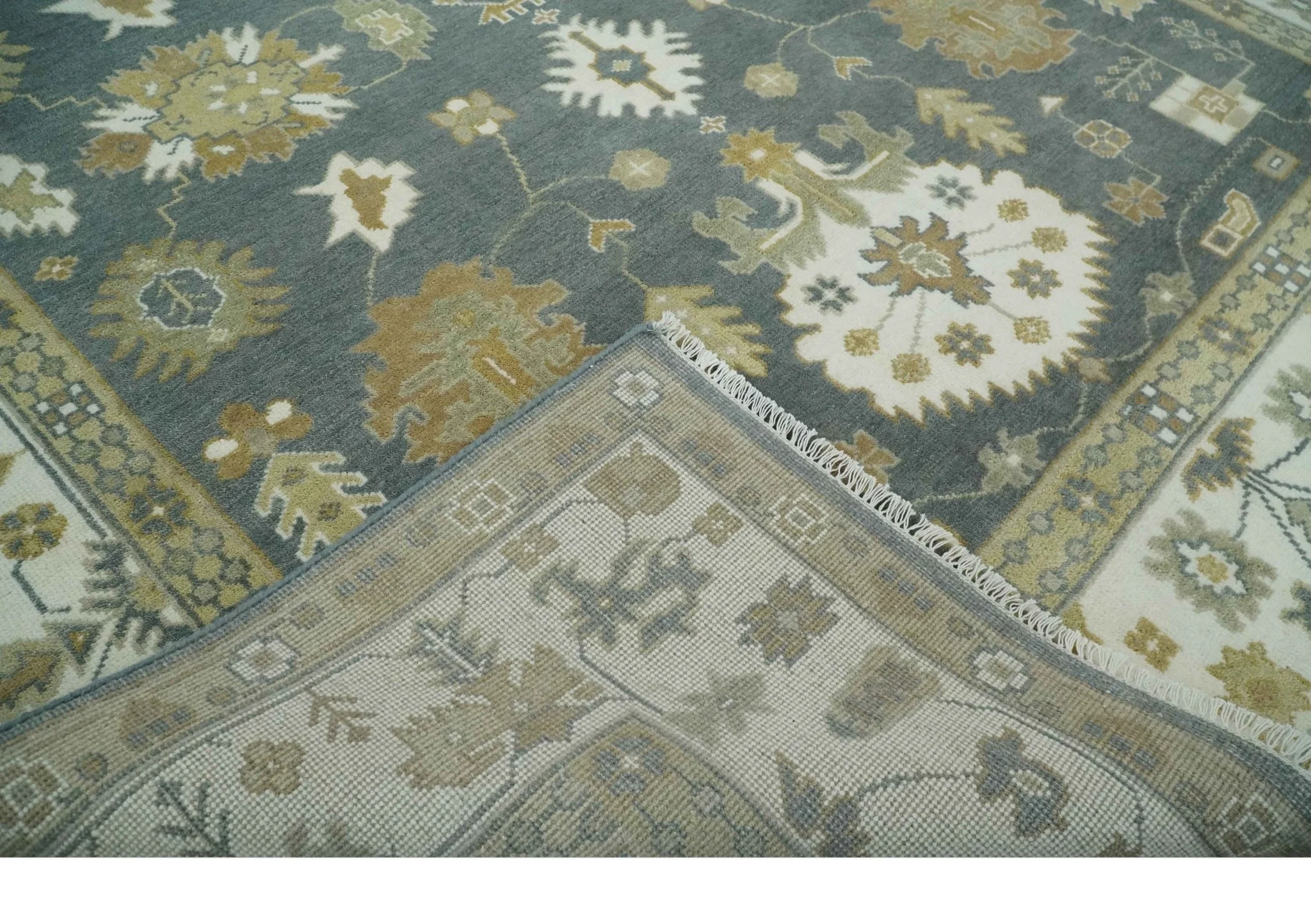 8x10 Hand Knotted Charcoal, Ivory and Beige Traditional Oriental Oushak Wool Rug - Image 8