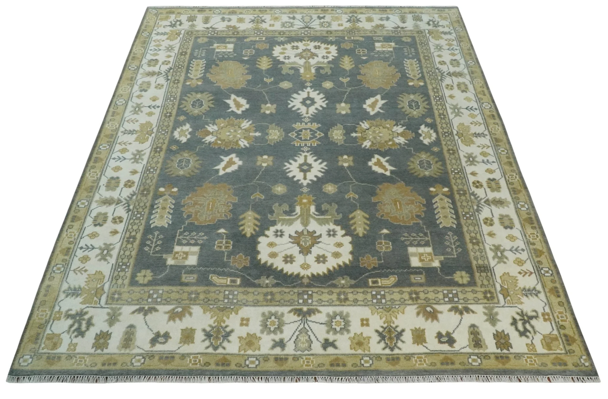8x10 Hand Knotted Charcoal, Ivory and Beige Traditional Oriental Oushak Wool Rug - Image 9