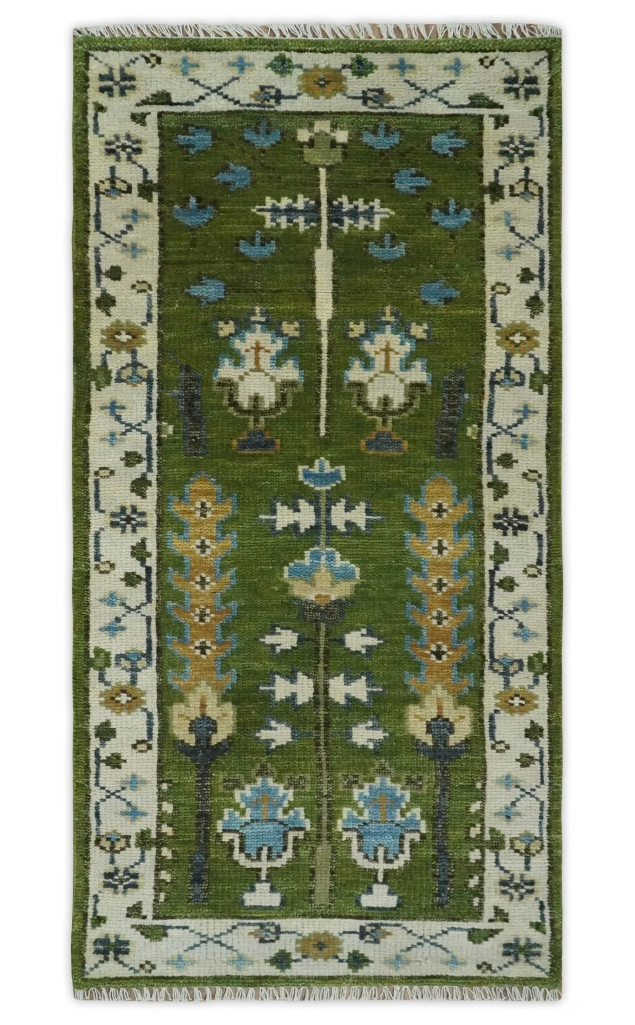 Ready to Ship Hand Knotted Green and Ivory Traditional Wool Area Rug - Image 13