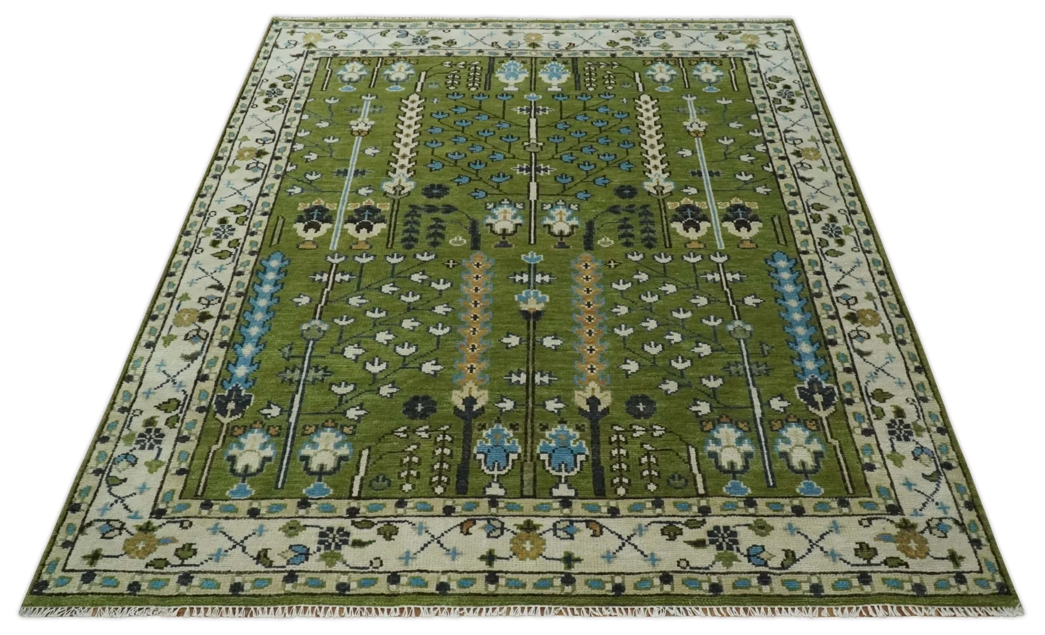 Ready to Ship Hand Knotted Green and Ivory Traditional Wool Area Rug - Image 14