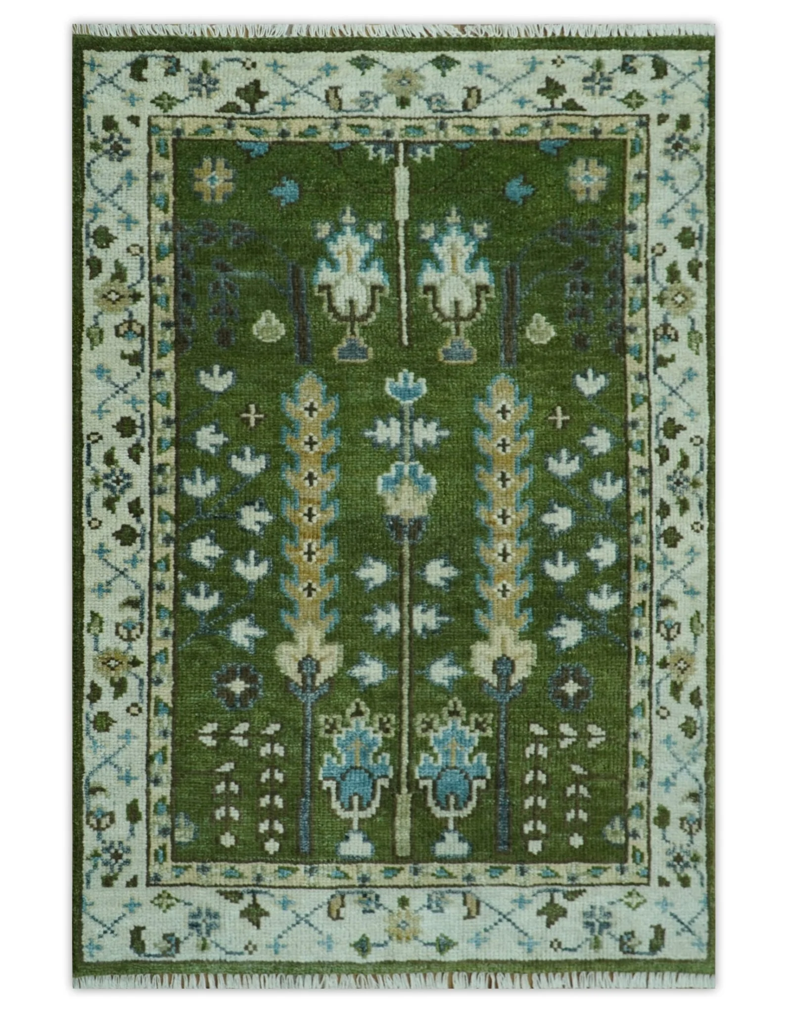 Ready to Ship Hand Knotted Green and Ivory Traditional Wool Area Rug - Image 16
