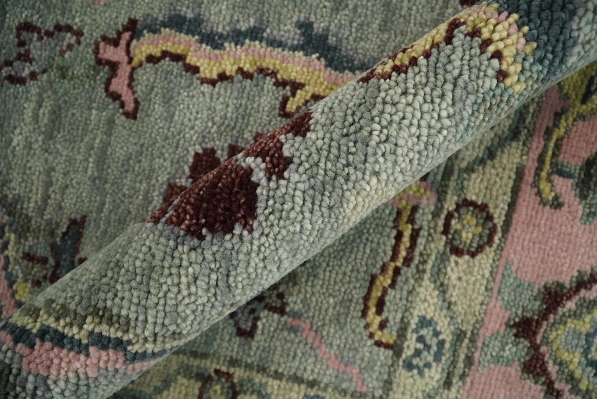 Antique Hand Knotted Green and Pink Traditional Oushak Multi Size Wool Area Rug - Image 10