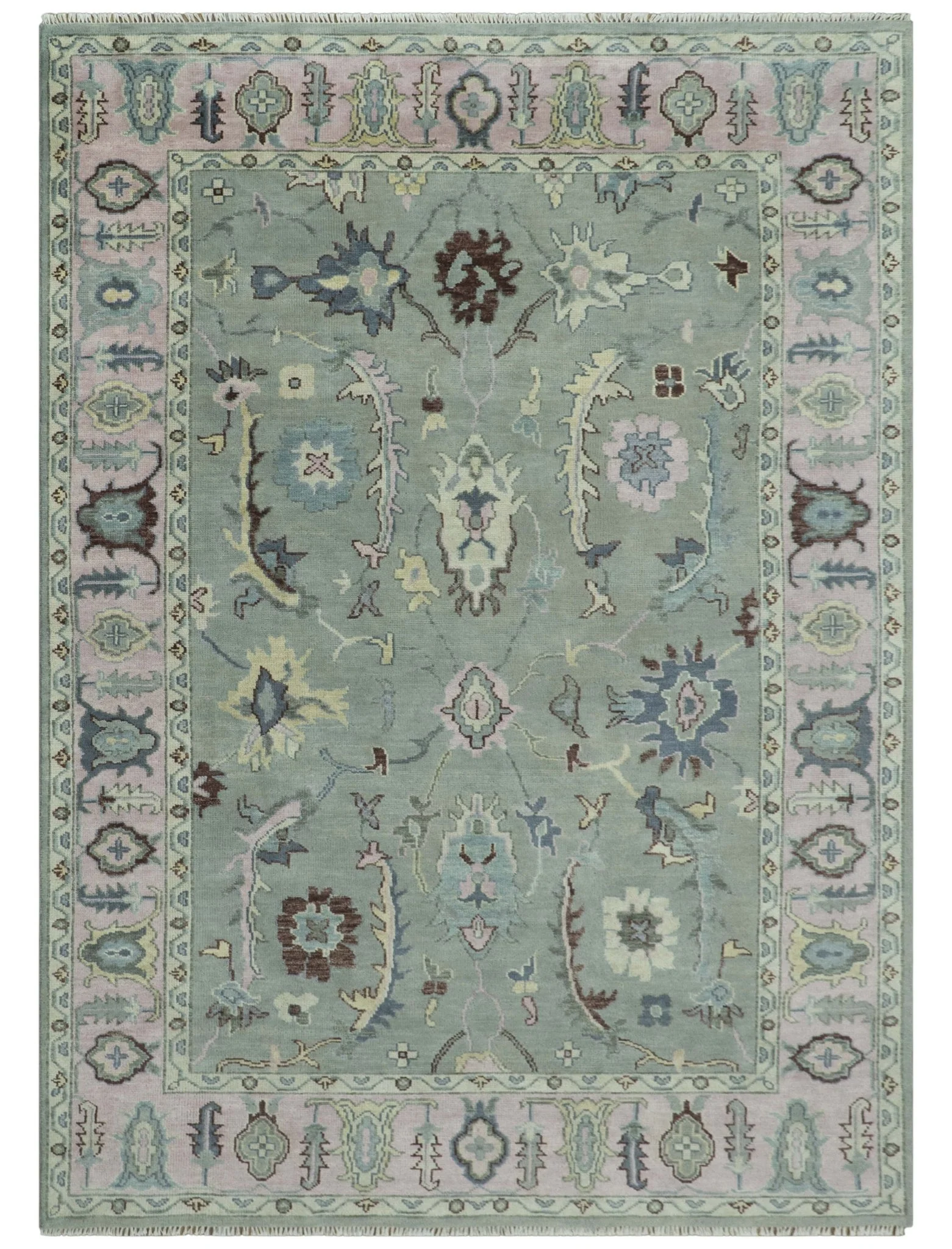 Antique Hand Knotted Green and Pink Traditional Oushak Multi Size Wool Area Rug - Image 12