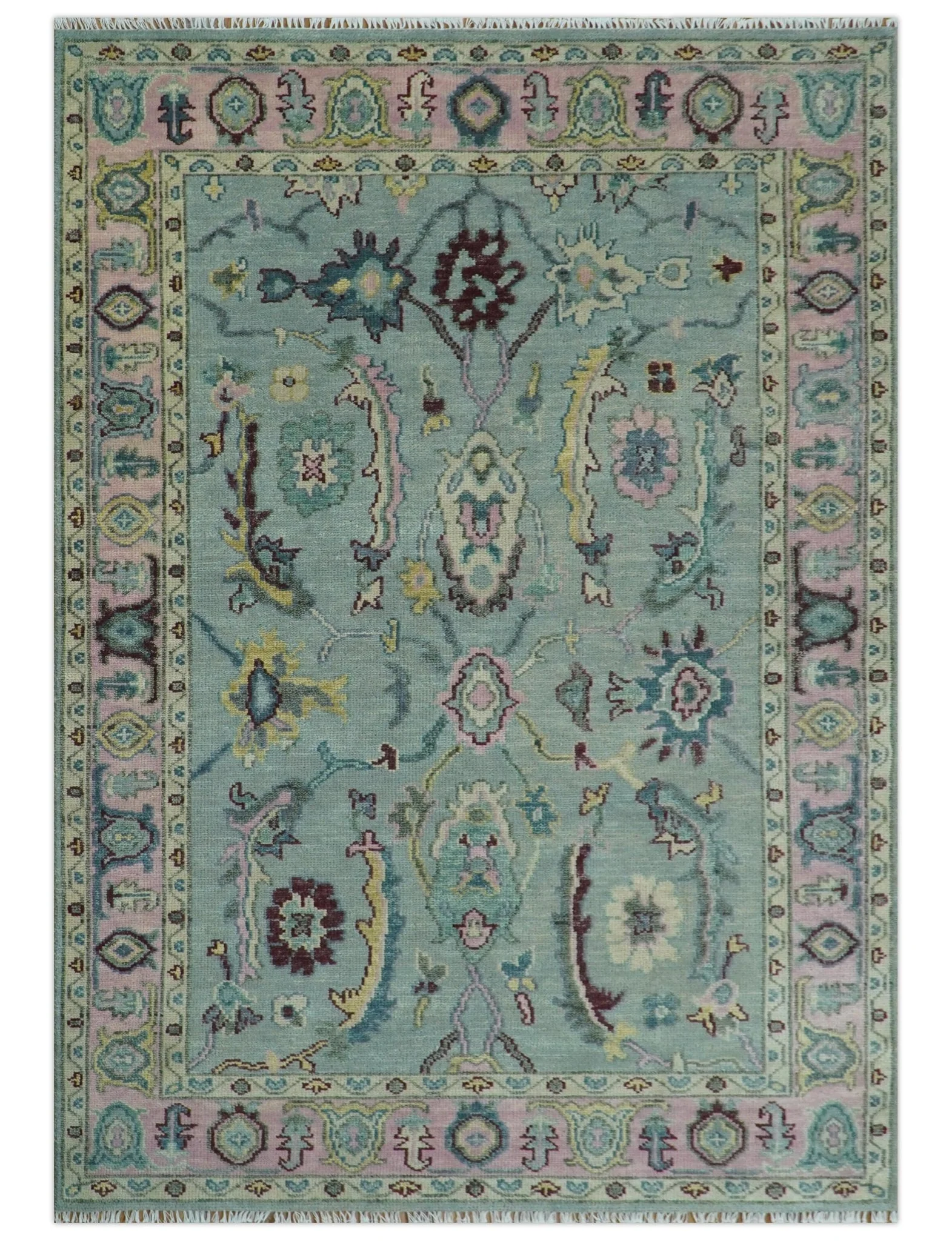 Antique Hand Knotted Green and Pink Traditional Oushak Multi Size Wool Area Rug - Image 13