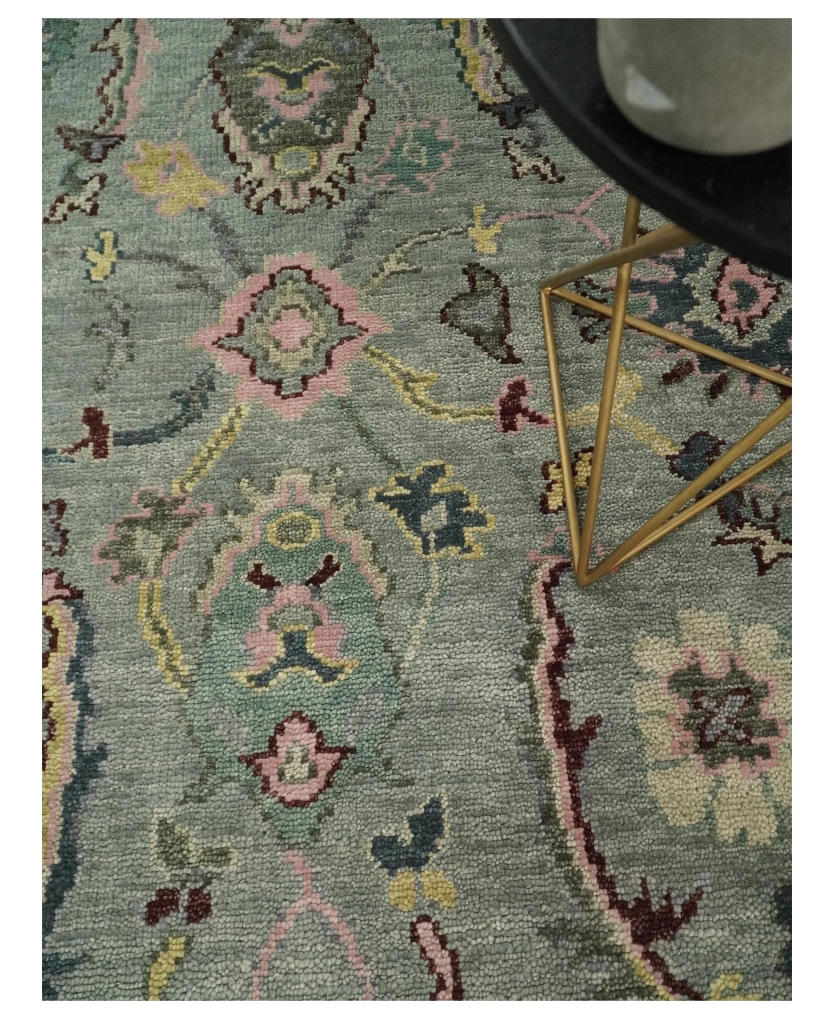 Antique Hand Knotted Green and Pink Traditional Oushak Multi Size Wool Area Rug - Image 3
