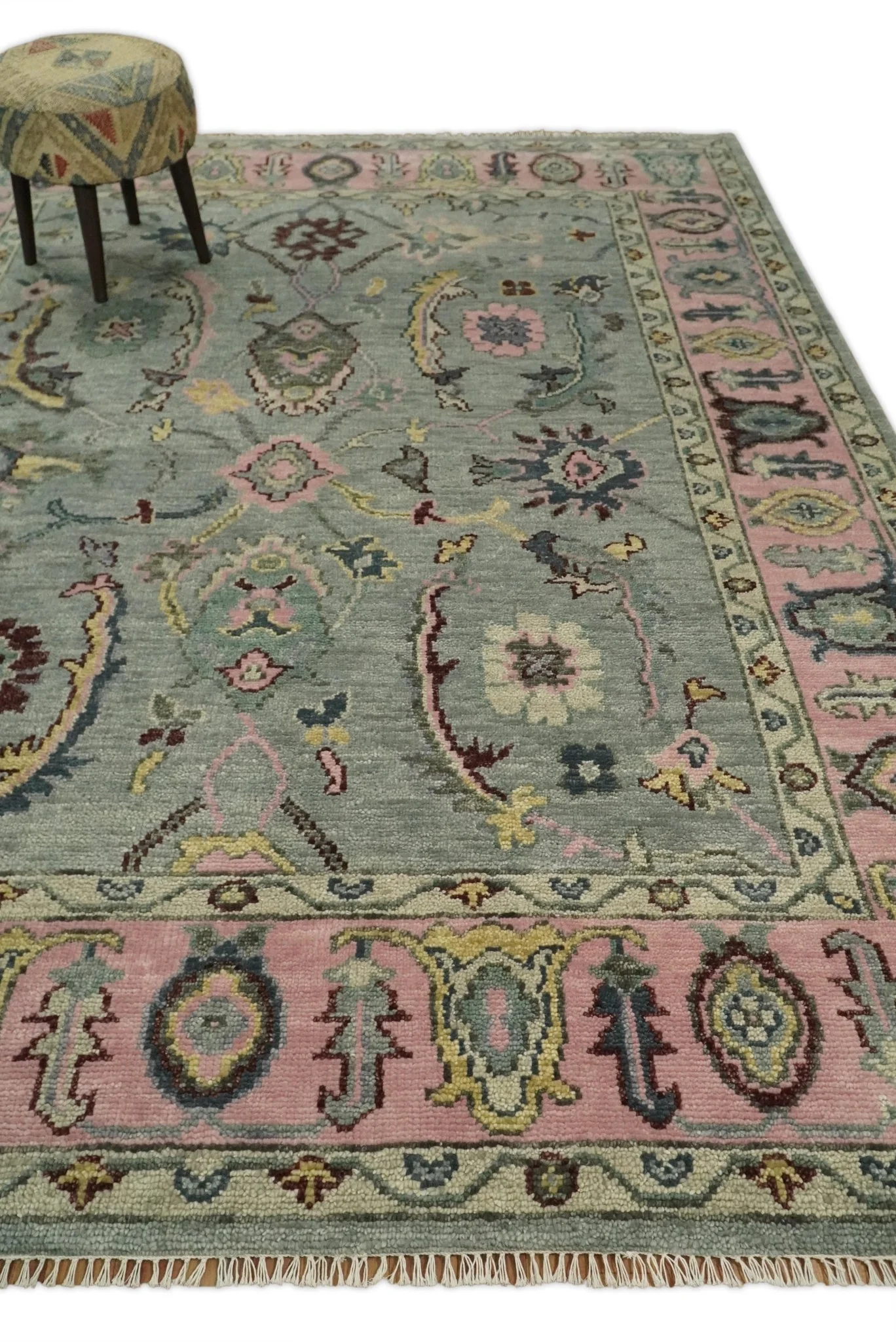 Antique Hand Knotted Green and Pink Traditional Oushak Multi Size Wool Area Rug - Image 4