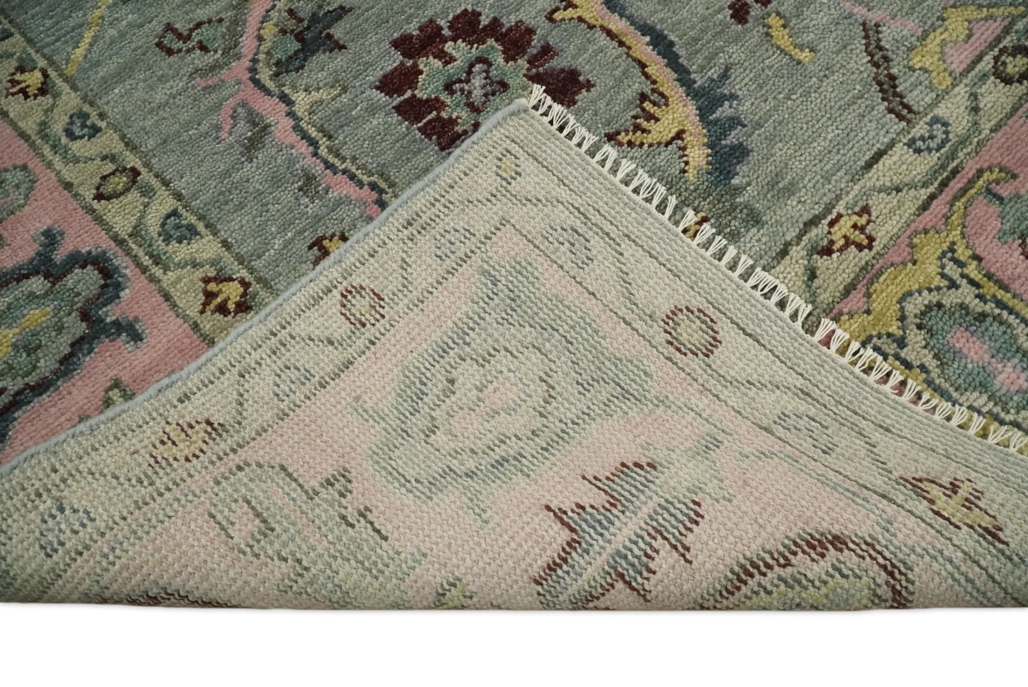 Antique Hand Knotted Green and Pink Traditional Oushak Multi Size Wool Area Rug - Image 6