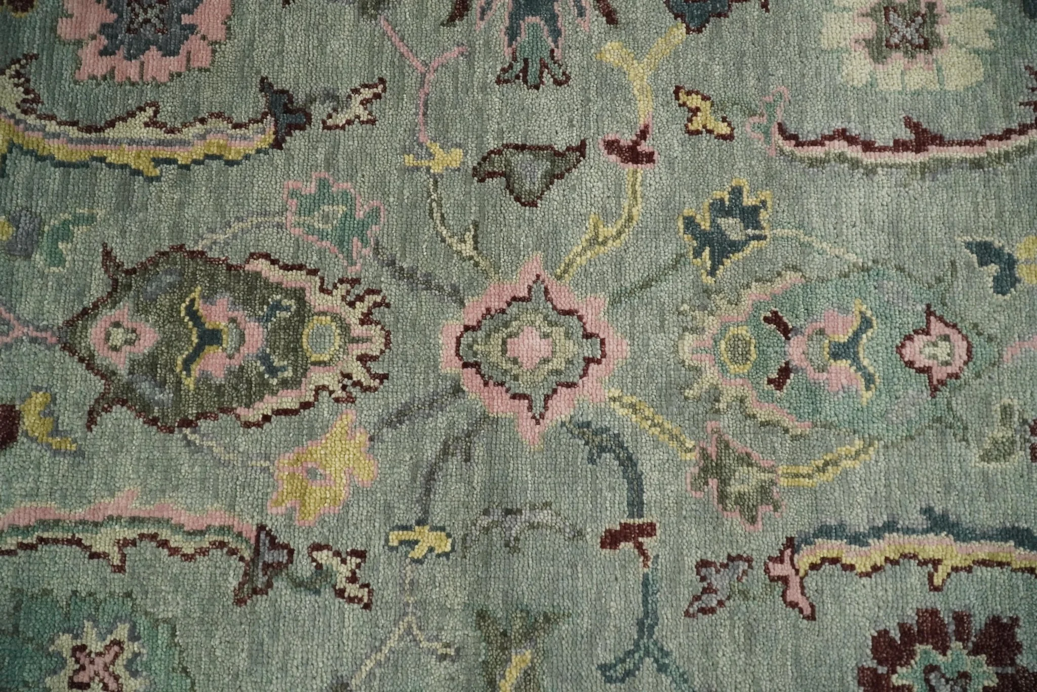 Antique Hand Knotted Green and Pink Traditional Oushak Multi Size Wool Area Rug - Image 9
