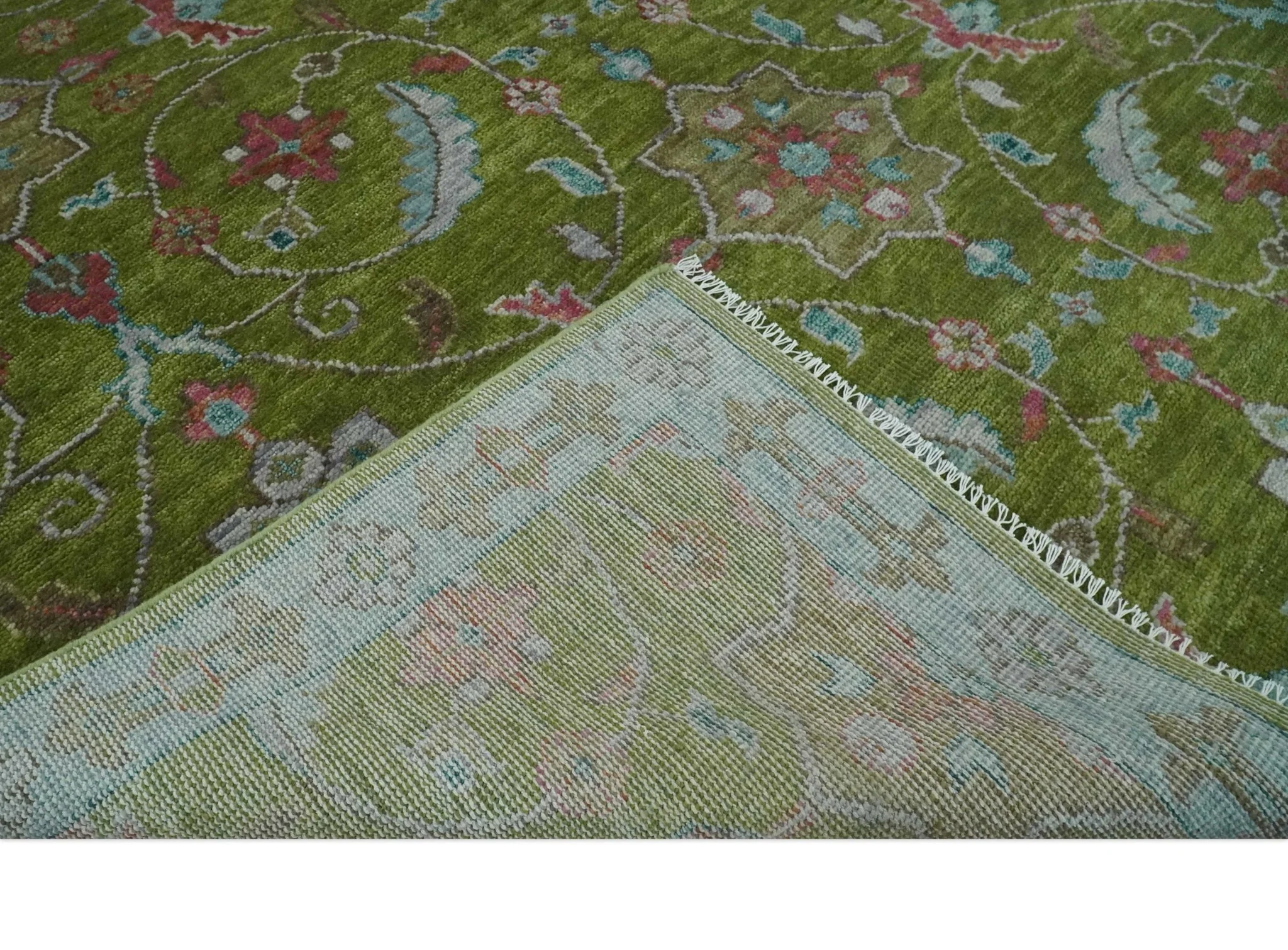 9x12 Hand Knotted Green, Silver and Maroon Traditional Wool Area Rug - Image 6