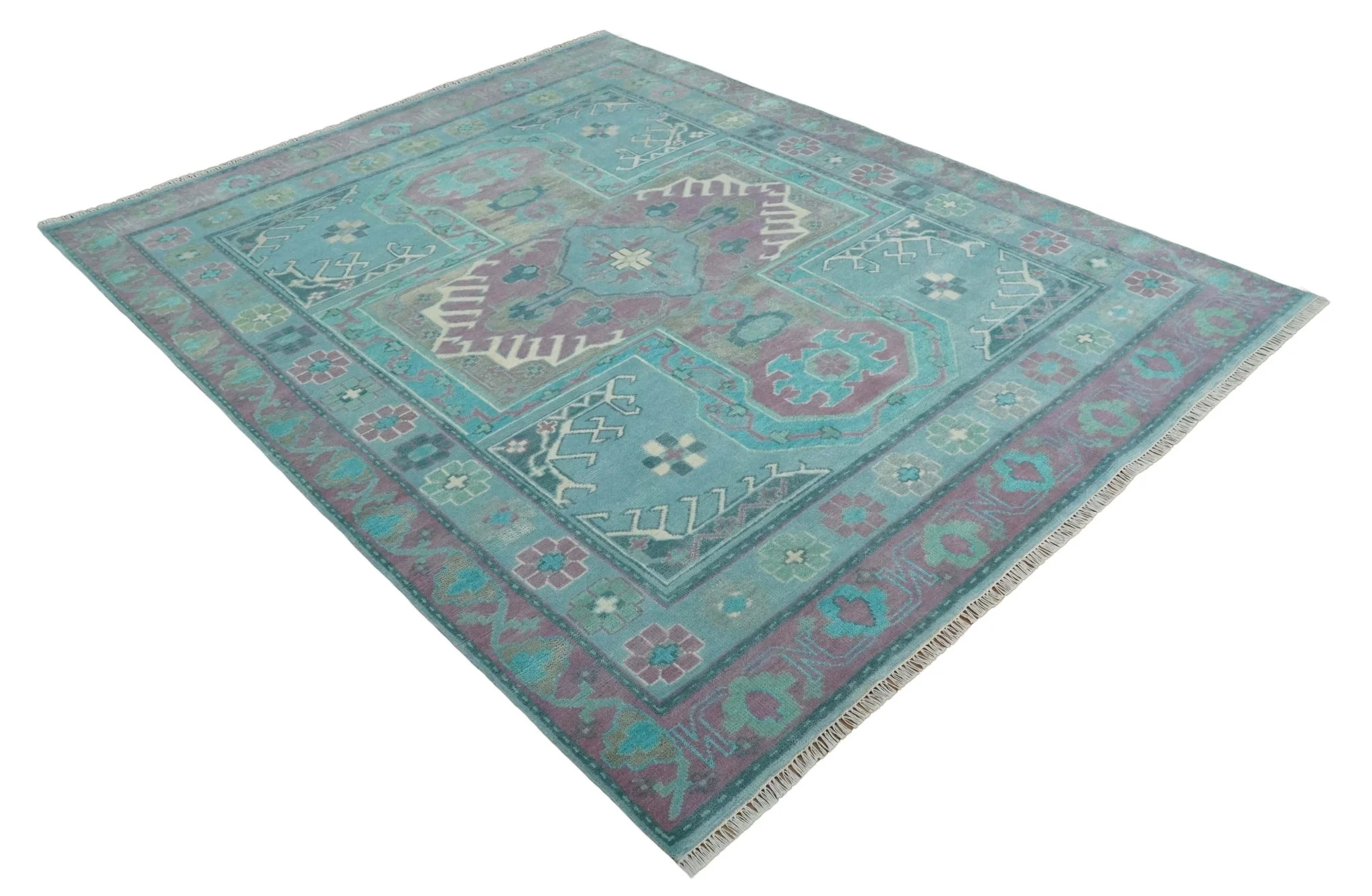 8x10 Hand Knotted Heriz Serapi Aqua, Pink and Ivory Floral Area Rug | TRDCP1369810 - Image 3