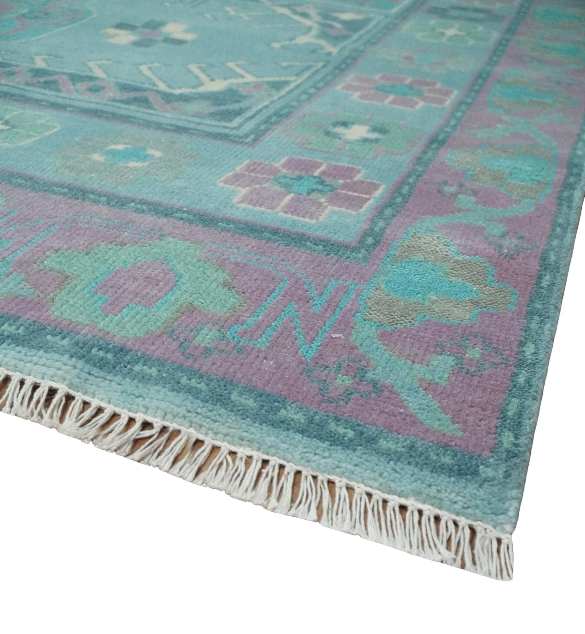 8x10 Hand Knotted Heriz Serapi Aqua, Pink and Ivory Floral Area Rug | TRDCP1369810 - Image 5