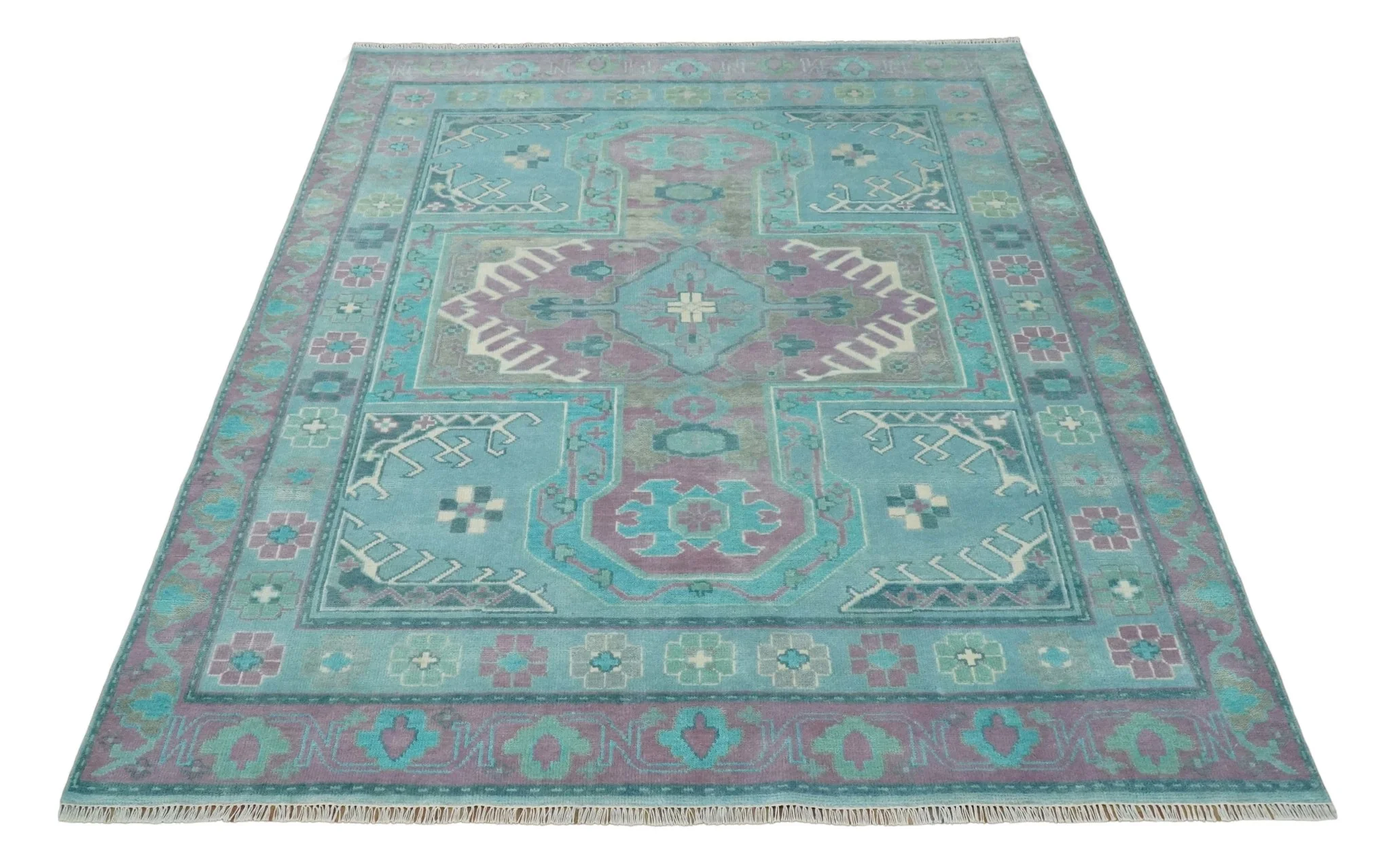 8x10 Hand Knotted Heriz Serapi Aqua, Pink and Ivory Floral Area Rug | TRDCP1369810 - Image 9