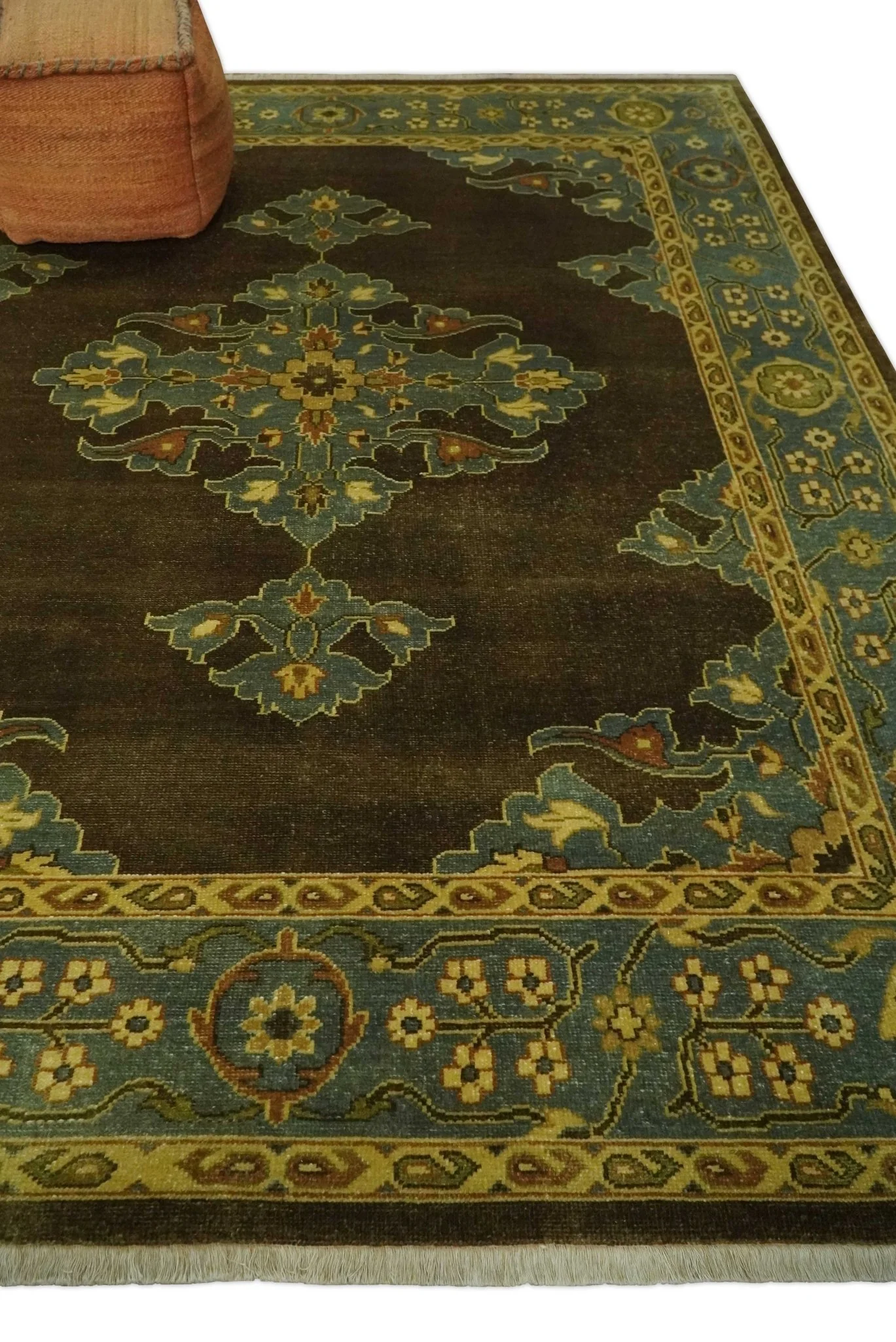 Antique Brown and Blue 8x10 Hand Knotted Heriz Serapi Medallion Area Rug | AC19810 - Image 3