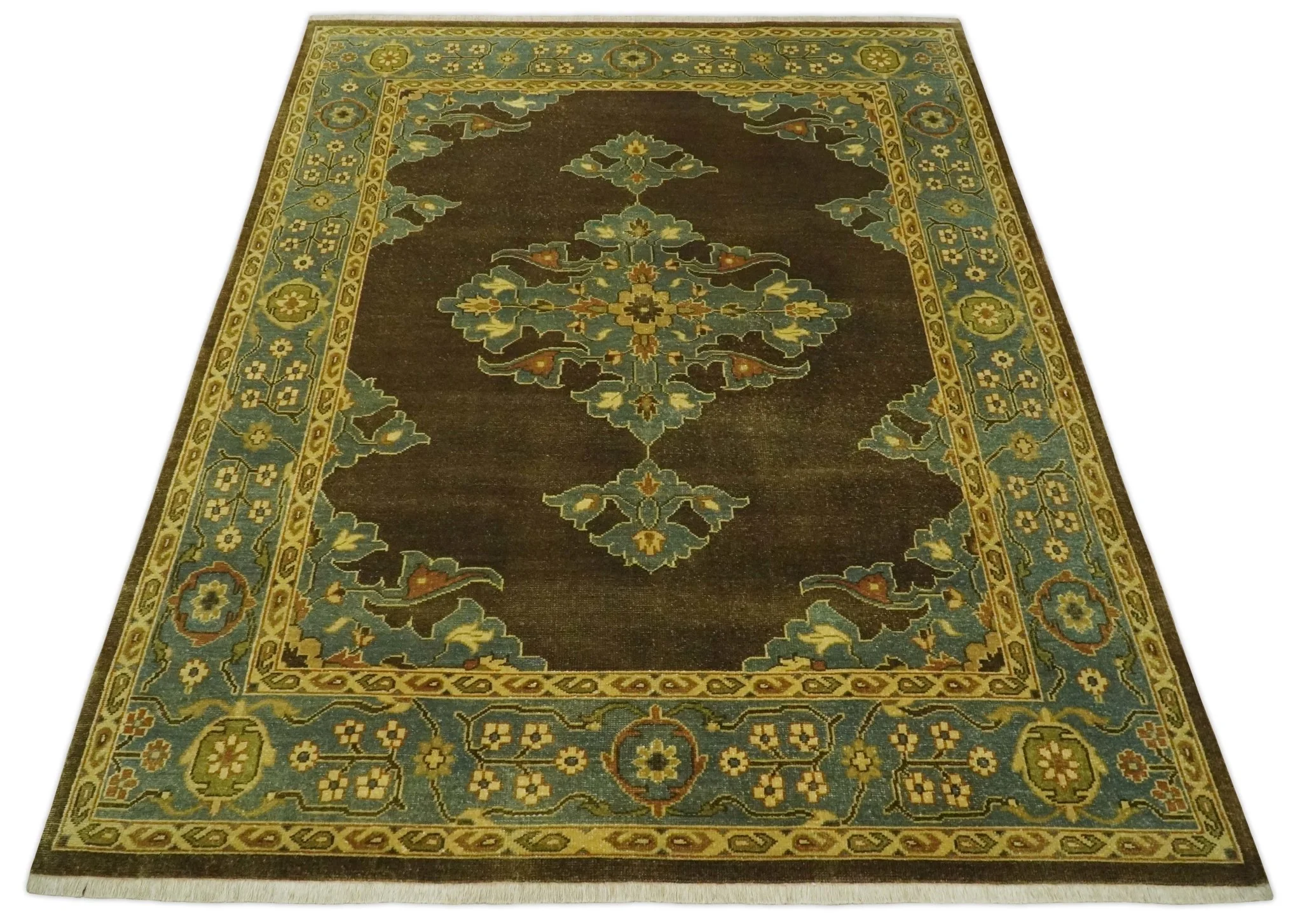 Antique Brown and Blue 8x10 Hand Knotted Heriz Serapi Medallion Area Rug | AC19810 - Image 8