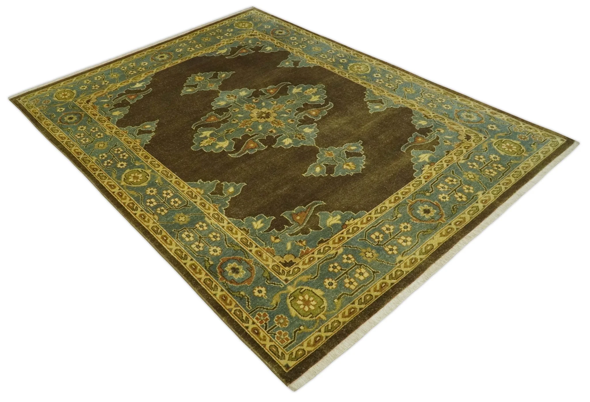 Antique Brown and Blue 8x10 Hand Knotted Heriz Serapi Medallion Area Rug | AC19810 - Image 9