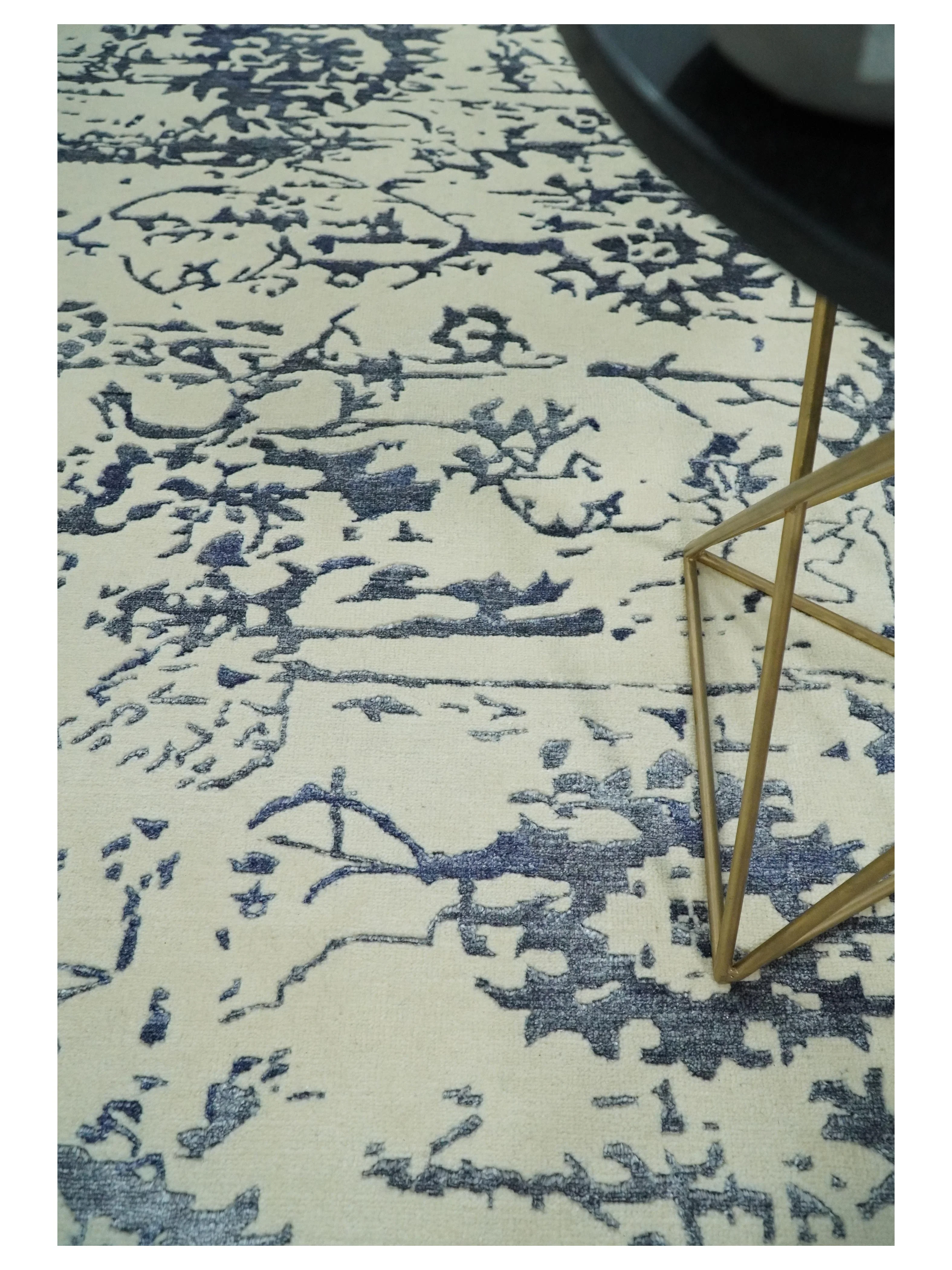 8x10 Hand knotted Ivory and Blue Modern Abstract Wool and Bamboo Silk Area Rug | TRDCP489810 - Image 2