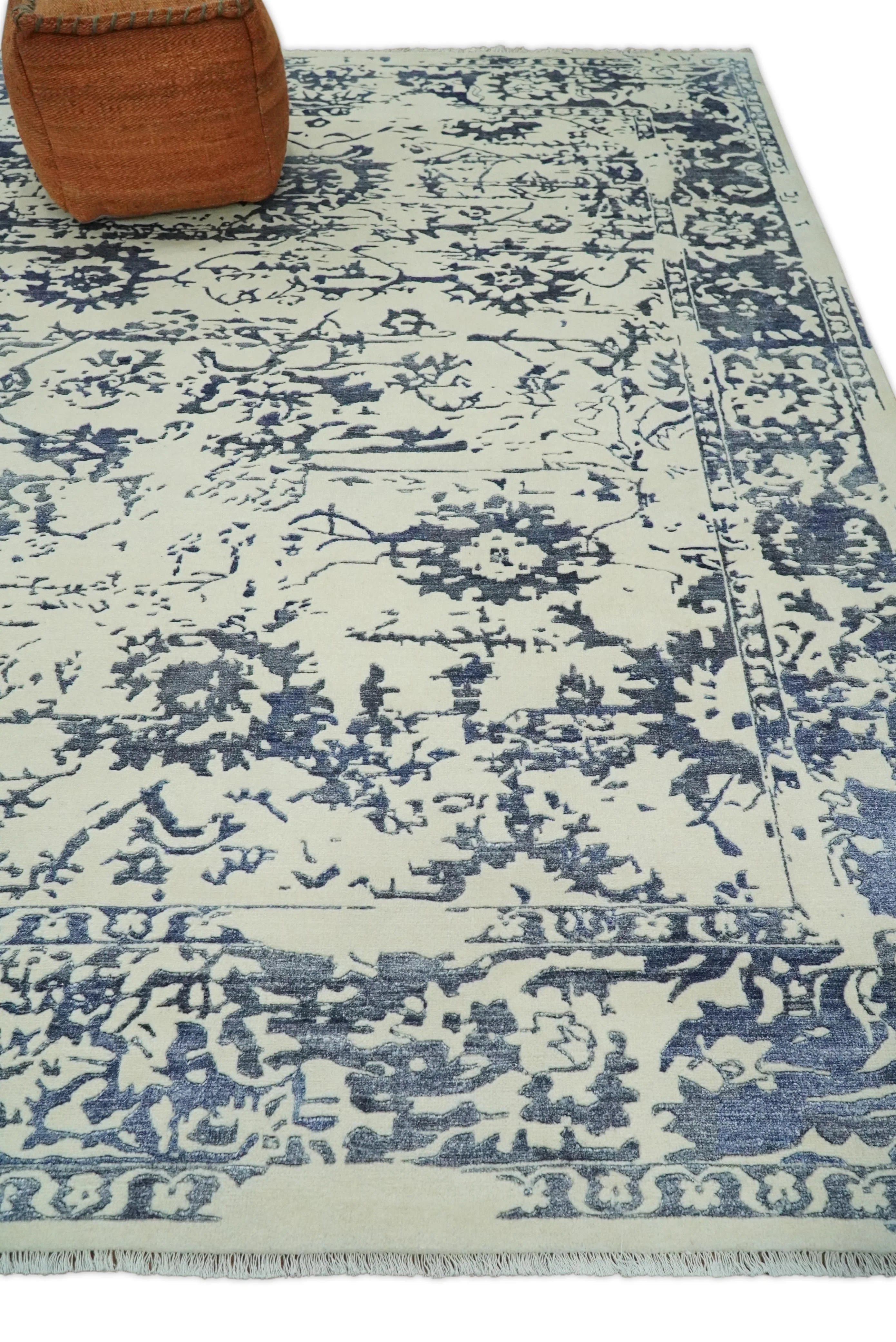 8x10 Hand knotted Ivory and Blue Modern Abstract Wool and Bamboo Silk Area Rug | TRDCP489810 - Image 3