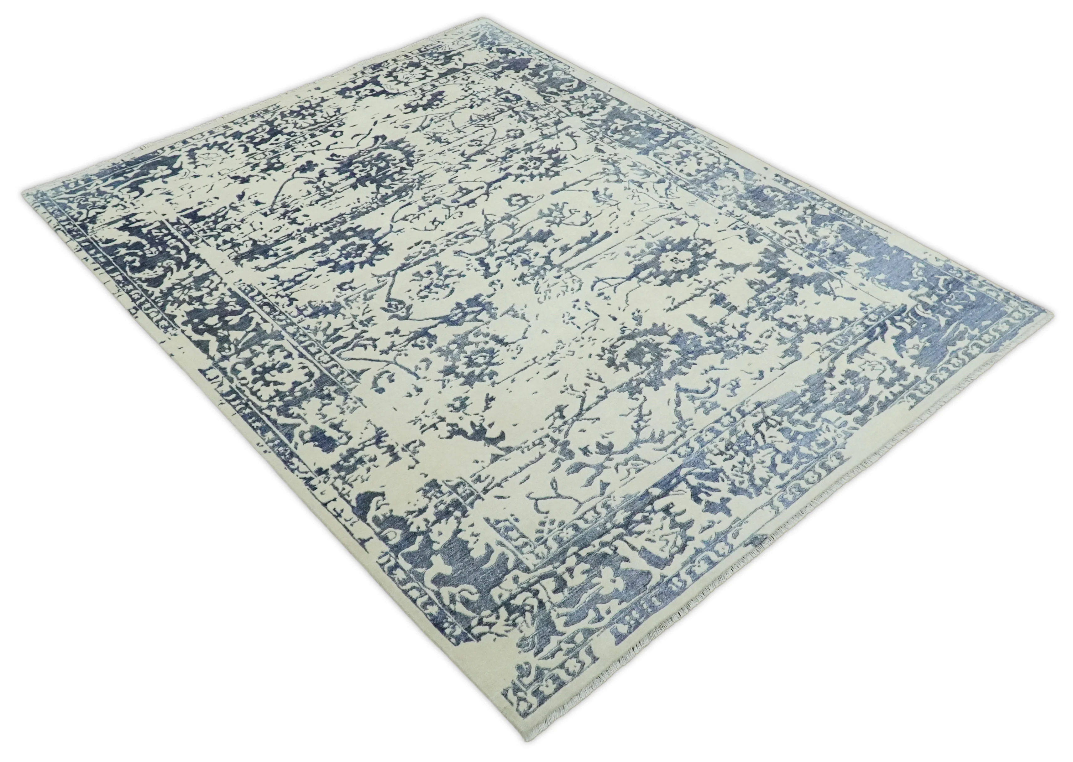 8x10 Hand knotted Ivory and Blue Modern Abstract Wool and Bamboo Silk Area Rug | TRDCP489810 - Image 7