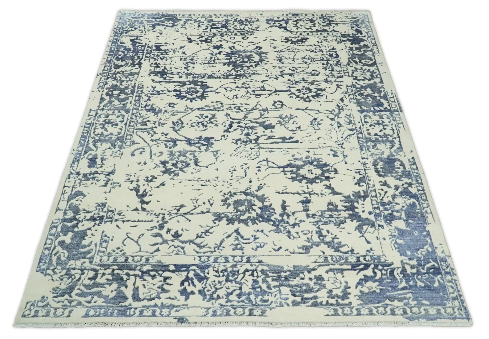 8x10 Hand knotted Ivory and Blue Modern Abstract Wool and Bamboo Silk Area Rug | TRDCP489810 - Image 8