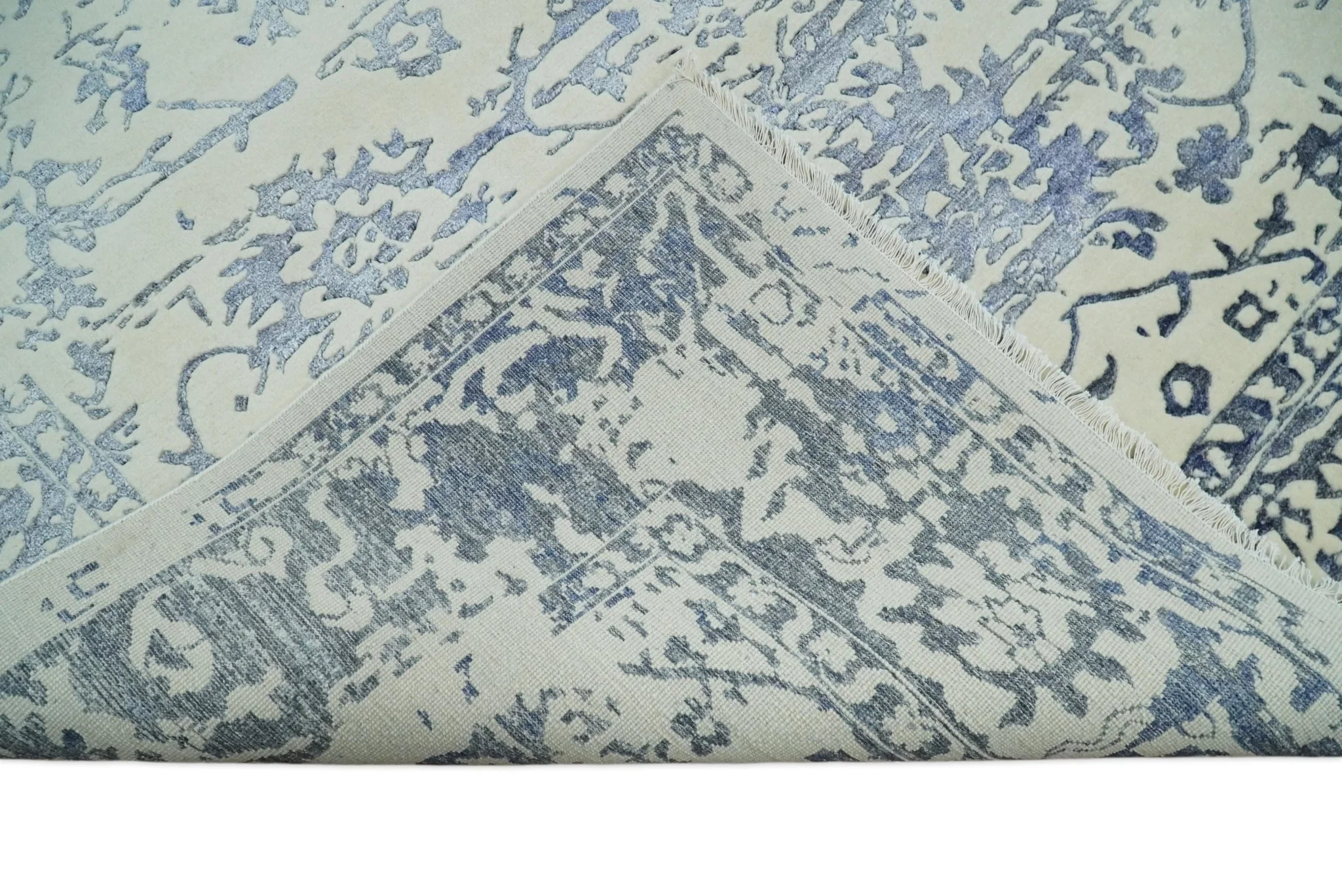 8x10 Hand knotted Ivory and Blue Modern Abstract Wool and Bamboo Silk Area Rug | TRDCP489810 - Image 9