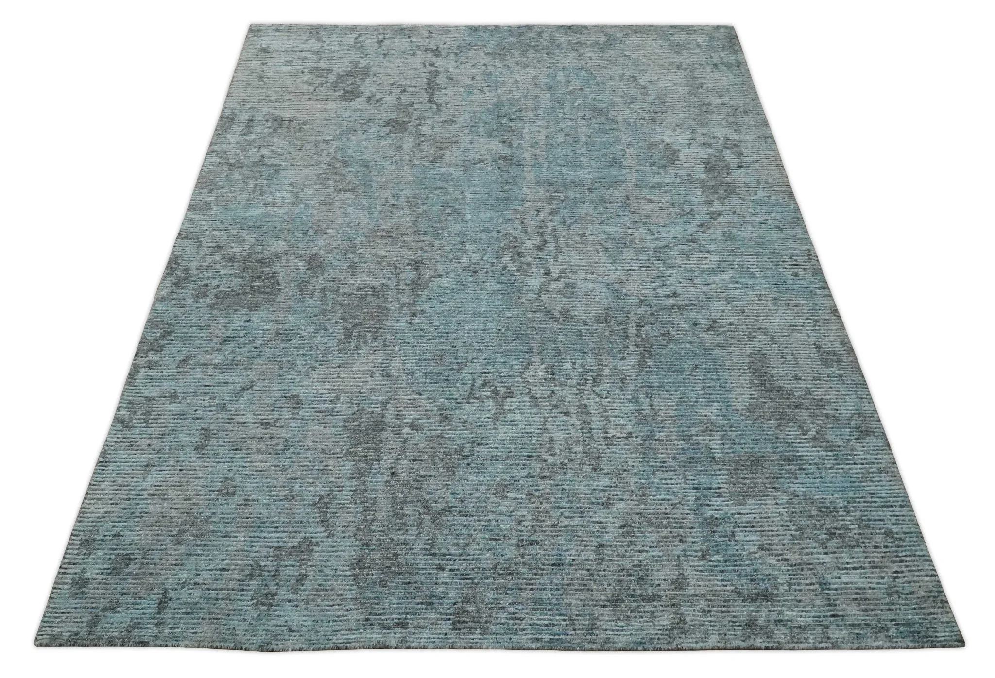 8x10 hand knotted Ivory, Aqua and Charcoal Modern Abstract Wool and Bamboo Silk Area Rug - Image 10