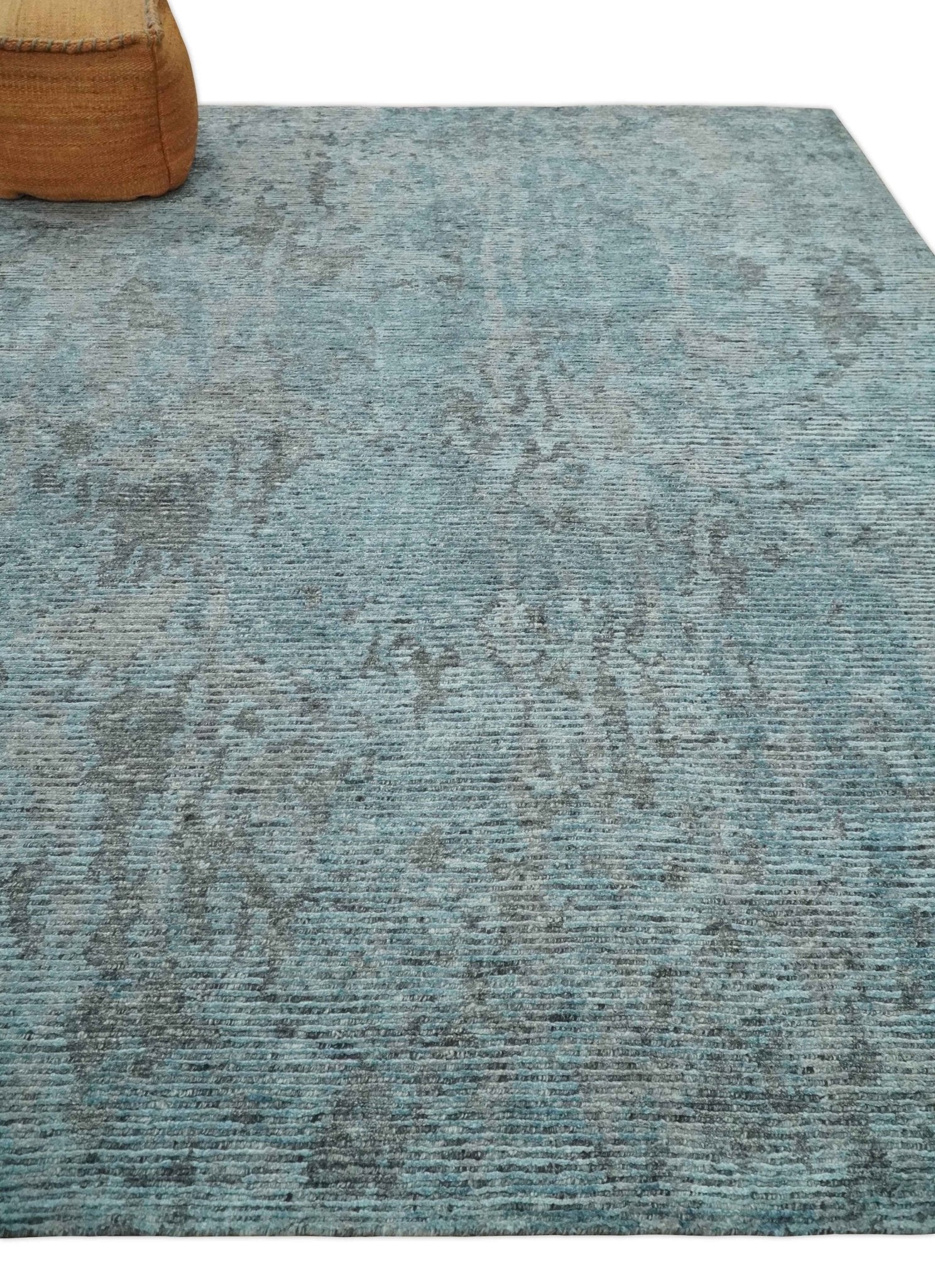 8x10 hand knotted Ivory, Aqua and Charcoal Modern Abstract Wool and Bamboo Silk Area Rug - Image 3