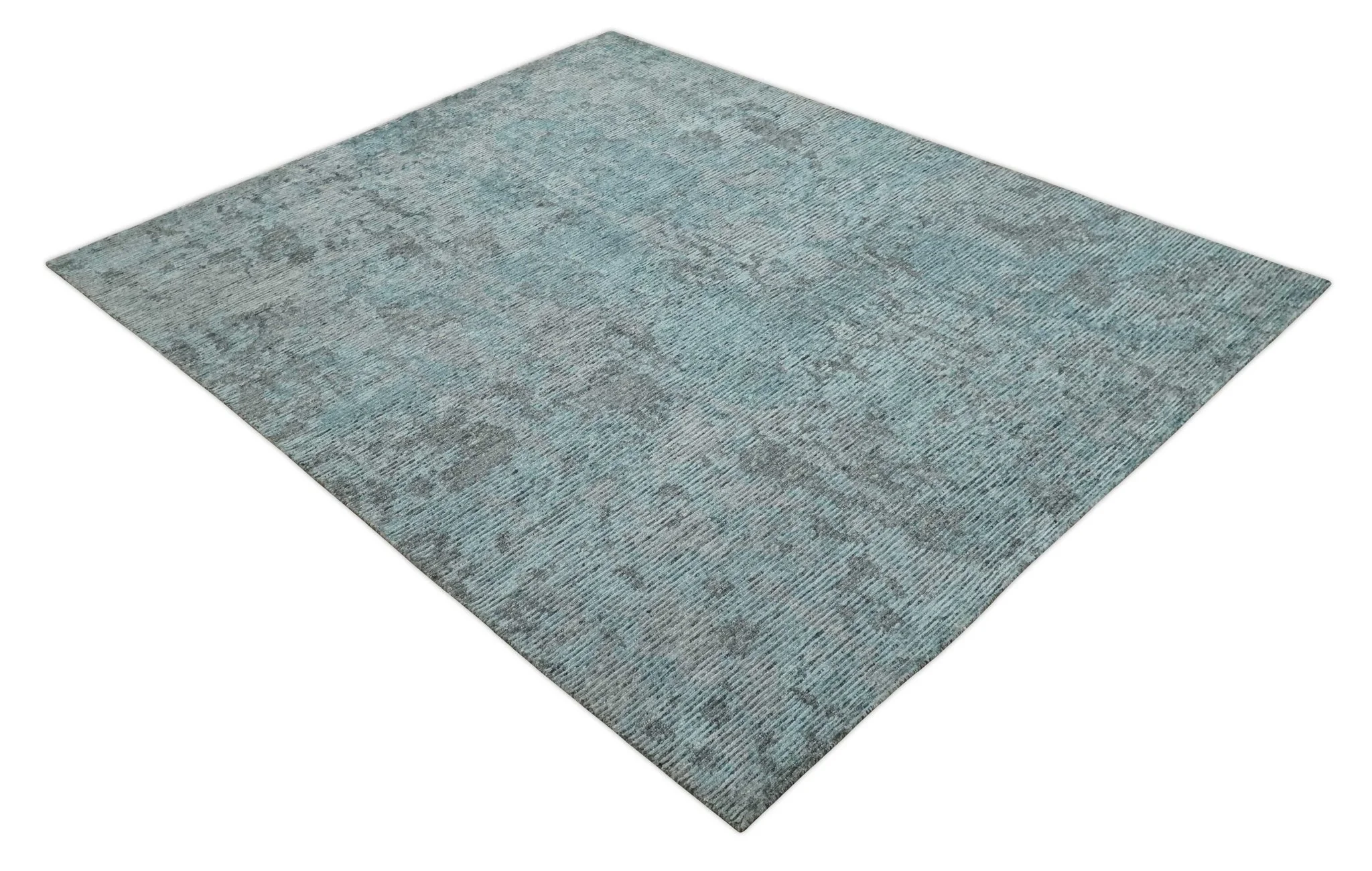 8x10 hand knotted Ivory, Aqua and Charcoal Modern Abstract Wool and Bamboo Silk Area Rug - Image 9