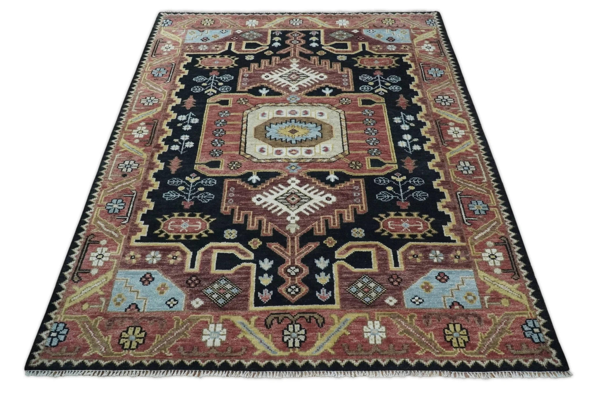 8x10 Hand Knotted Ivory, Black and Rust Traditional Heriz Serapi Antique Wool Rug | TRDCP753 - Image 11