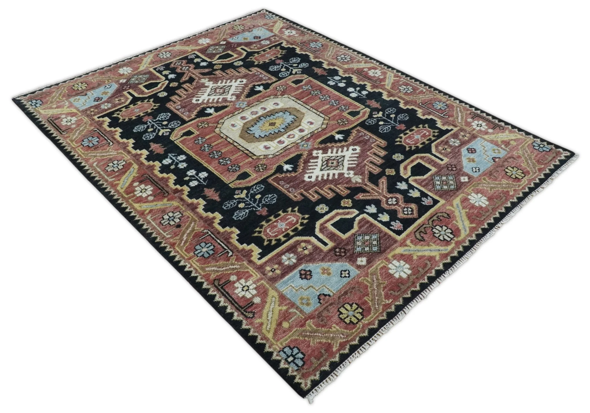 8x10 Hand Knotted Ivory, Black and Rust Traditional Heriz Serapi Antique Wool Rug | TRDCP753 - Image 12