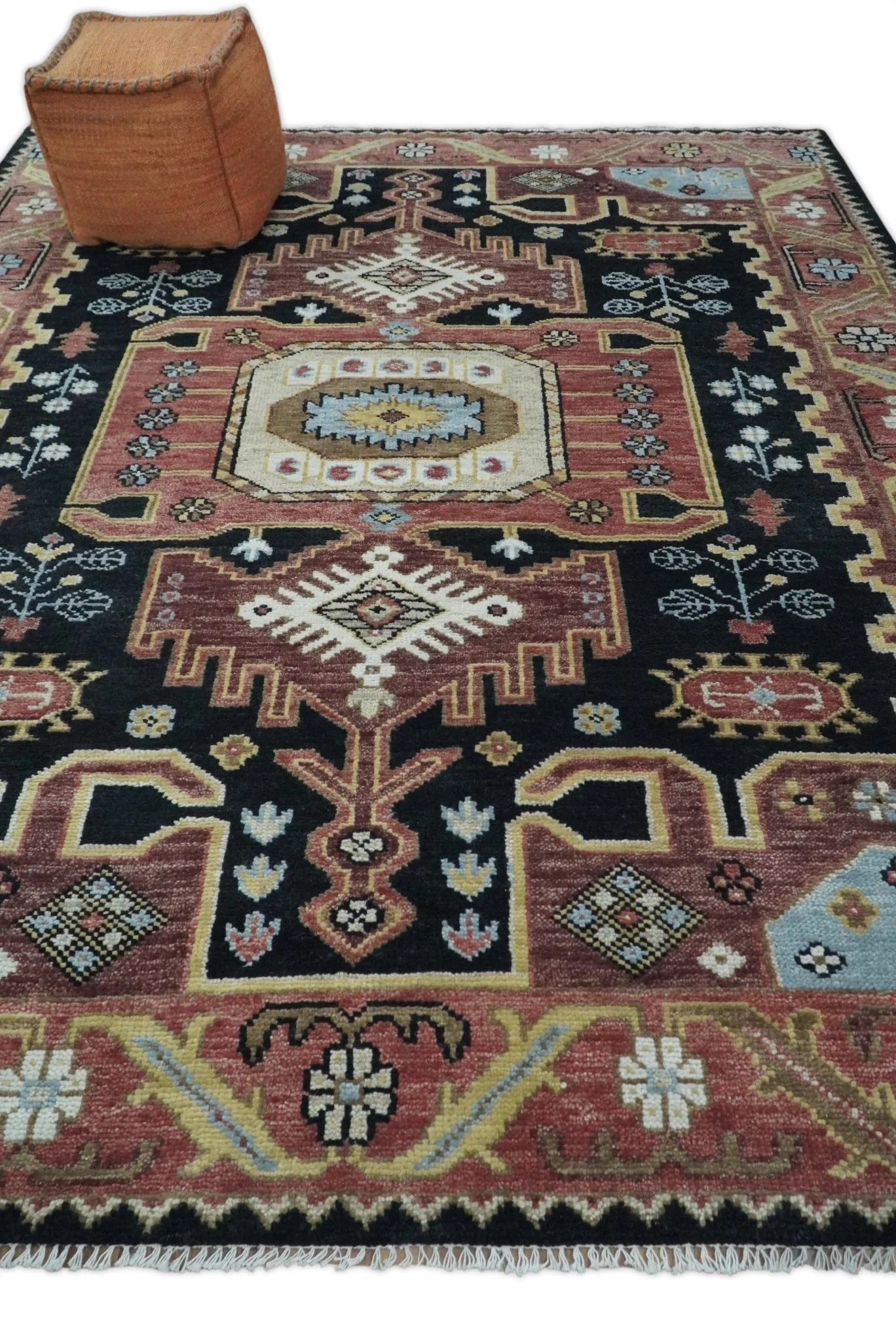 8x10 Hand Knotted Ivory, Black and Rust Traditional Heriz Serapi Antique Wool Rug | TRDCP753 - Image 3