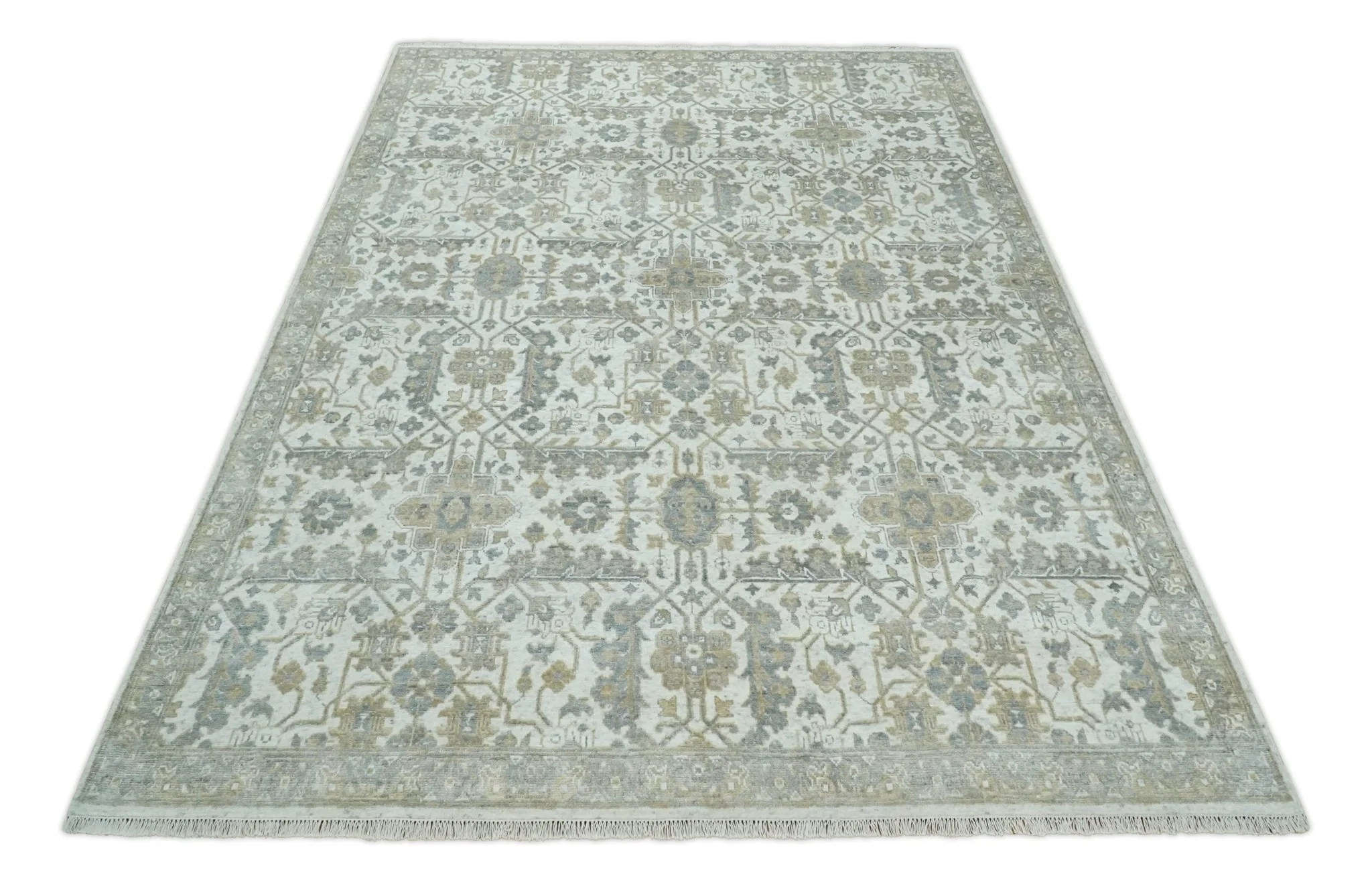 Fine Hand Knotted 8x10 Hand Knotted Ivory, Gray and Beige Traditionally Bamboo Silk Area Rug | TRDCP1070810 - Image 10