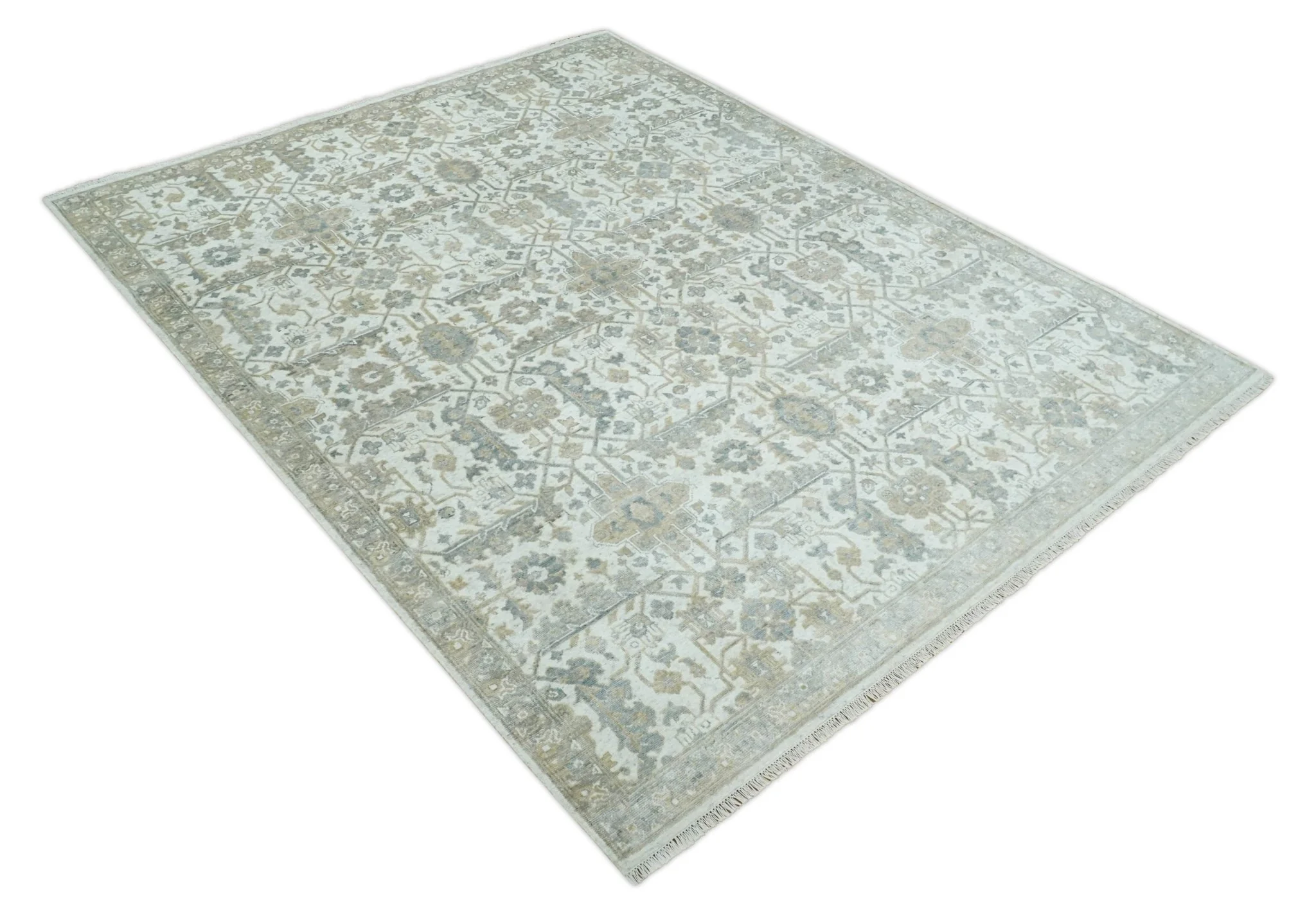Fine Hand Knotted 8x10 Hand Knotted Ivory, Gray and Beige Traditionally Bamboo Silk Area Rug | TRDCP1070810 - Image 9