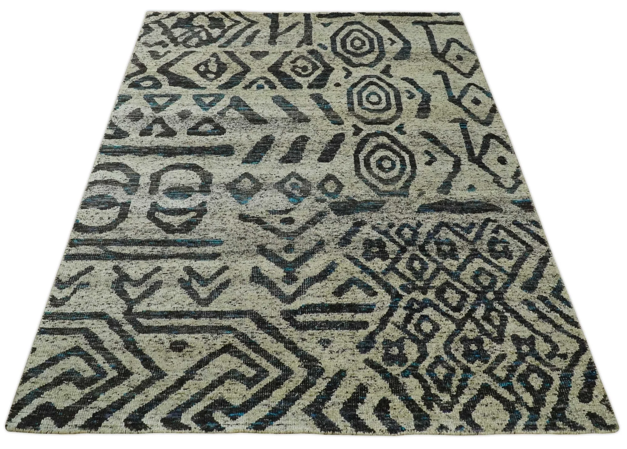 8x10 Hand Knotted Ivory and Charcoal Modern Tribal Style Contemporary Recycled Silk Area Rug | OP49 - Image 11