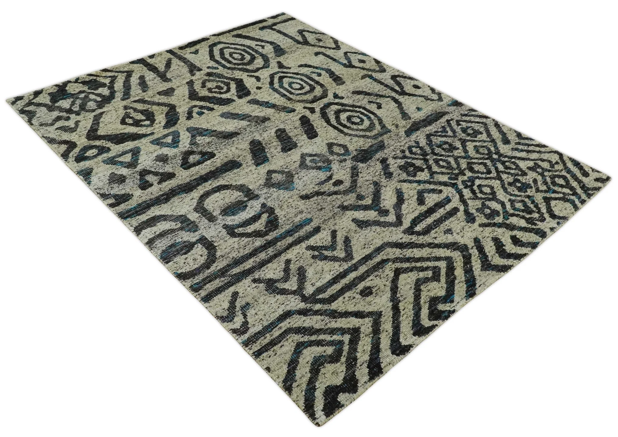 8x10 Hand Knotted Ivory and Charcoal Modern Tribal Style Contemporary Recycled Silk Area Rug | OP49 - Image 12