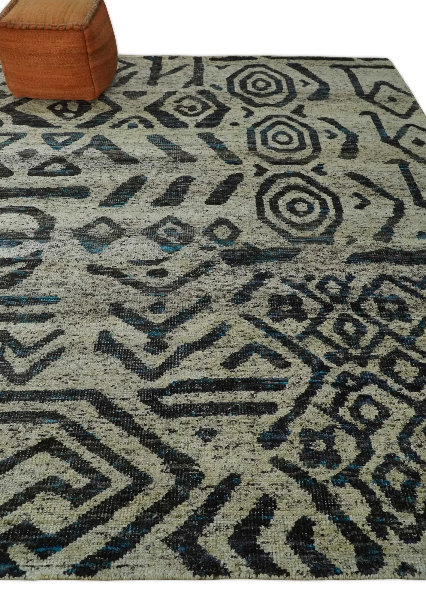 8x10 Hand Knotted Ivory and Charcoal Modern Tribal Style Contemporary Recycled Silk Area Rug | OP49 - Image 3