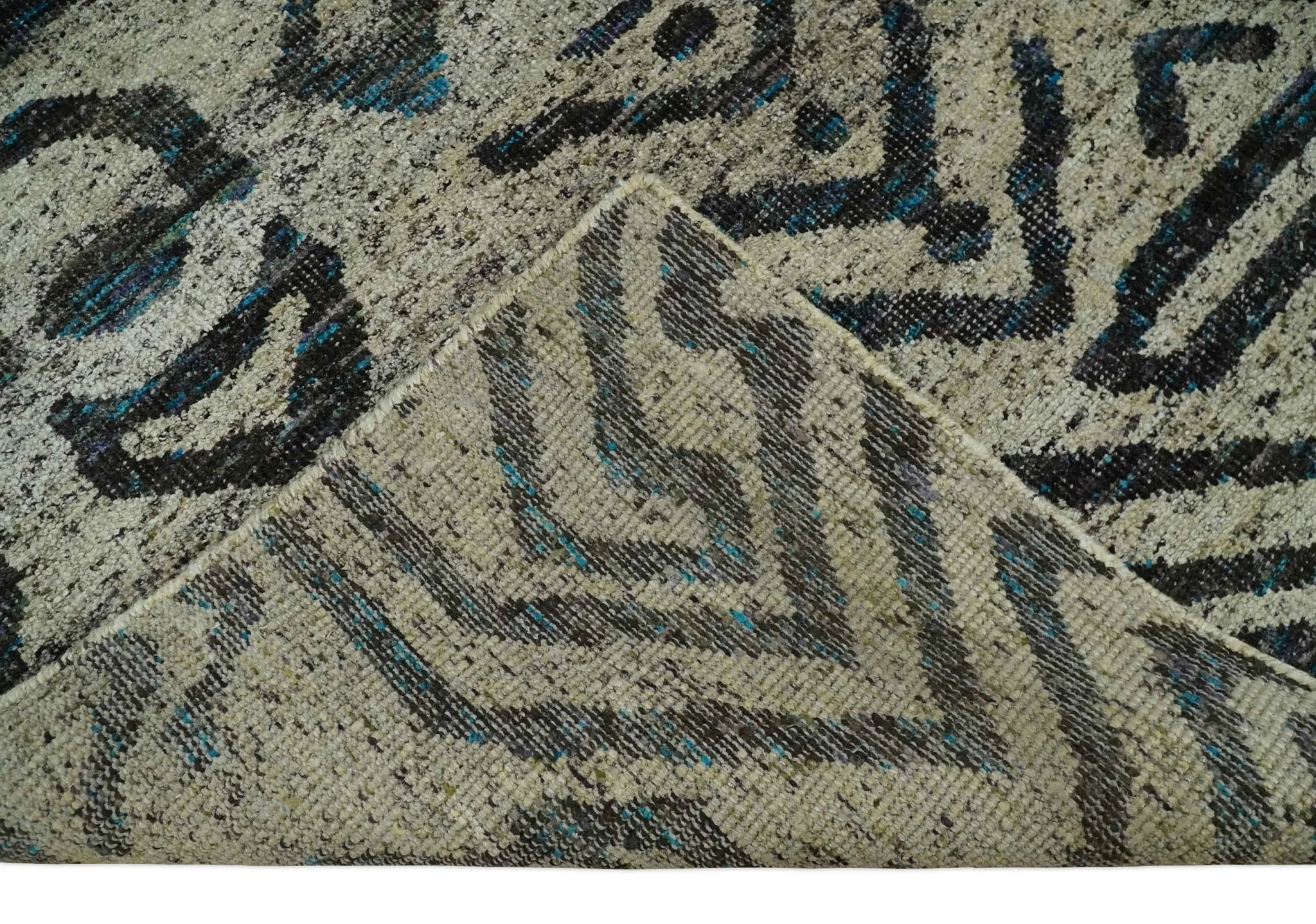 8x10 Hand Knotted Ivory and Charcoal Modern Tribal Style Contemporary Recycled Silk Area Rug | OP49 - Image 7