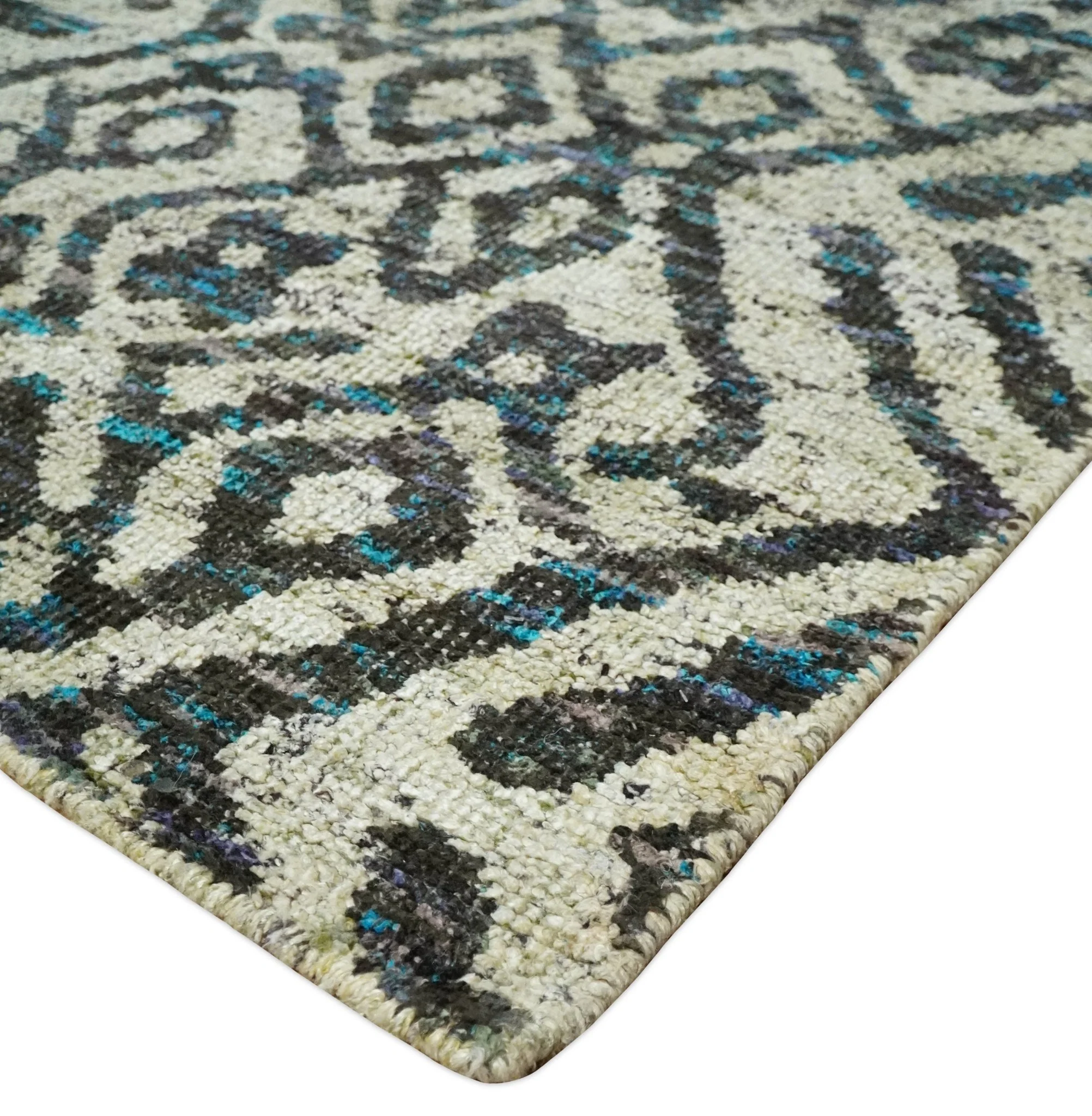 8x10 Hand Knotted Ivory and Charcoal Modern Tribal Style Contemporary Recycled Silk Area Rug | OP49 - Image 8