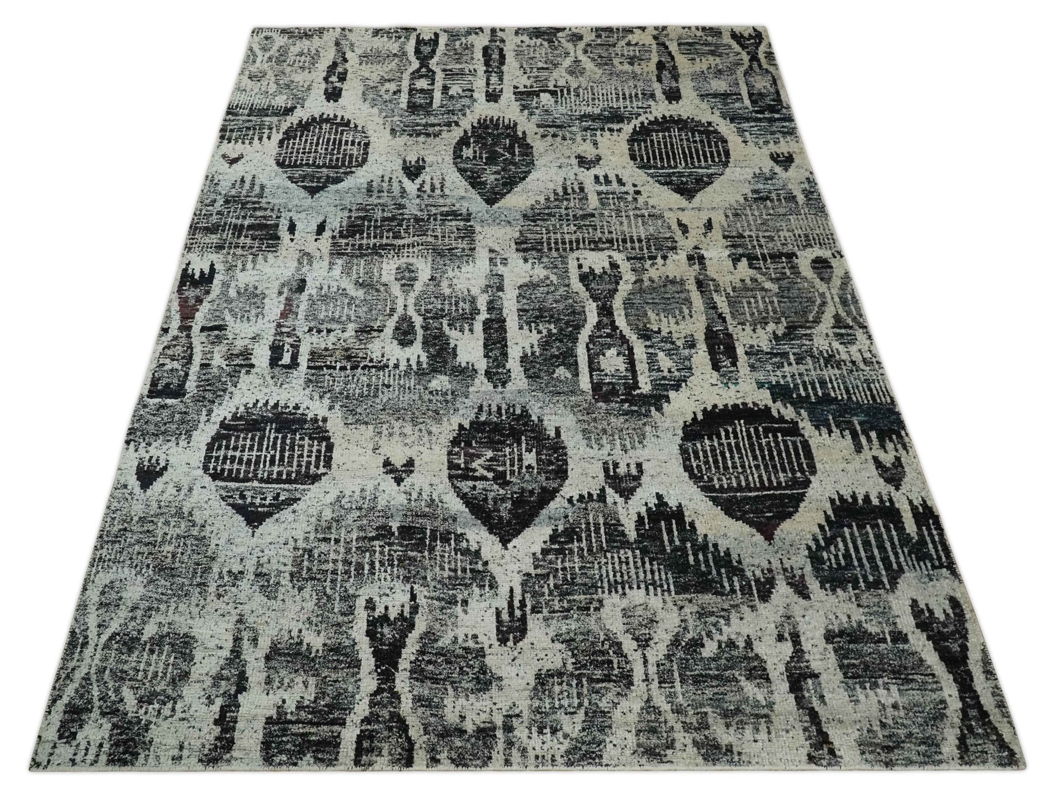 4x6 and 8x10 Hand Knotted Ivory, Charcoal and Brown  Antique Persian Style Contemporary Recycled Silk Area Rug | OP46 - Image 11