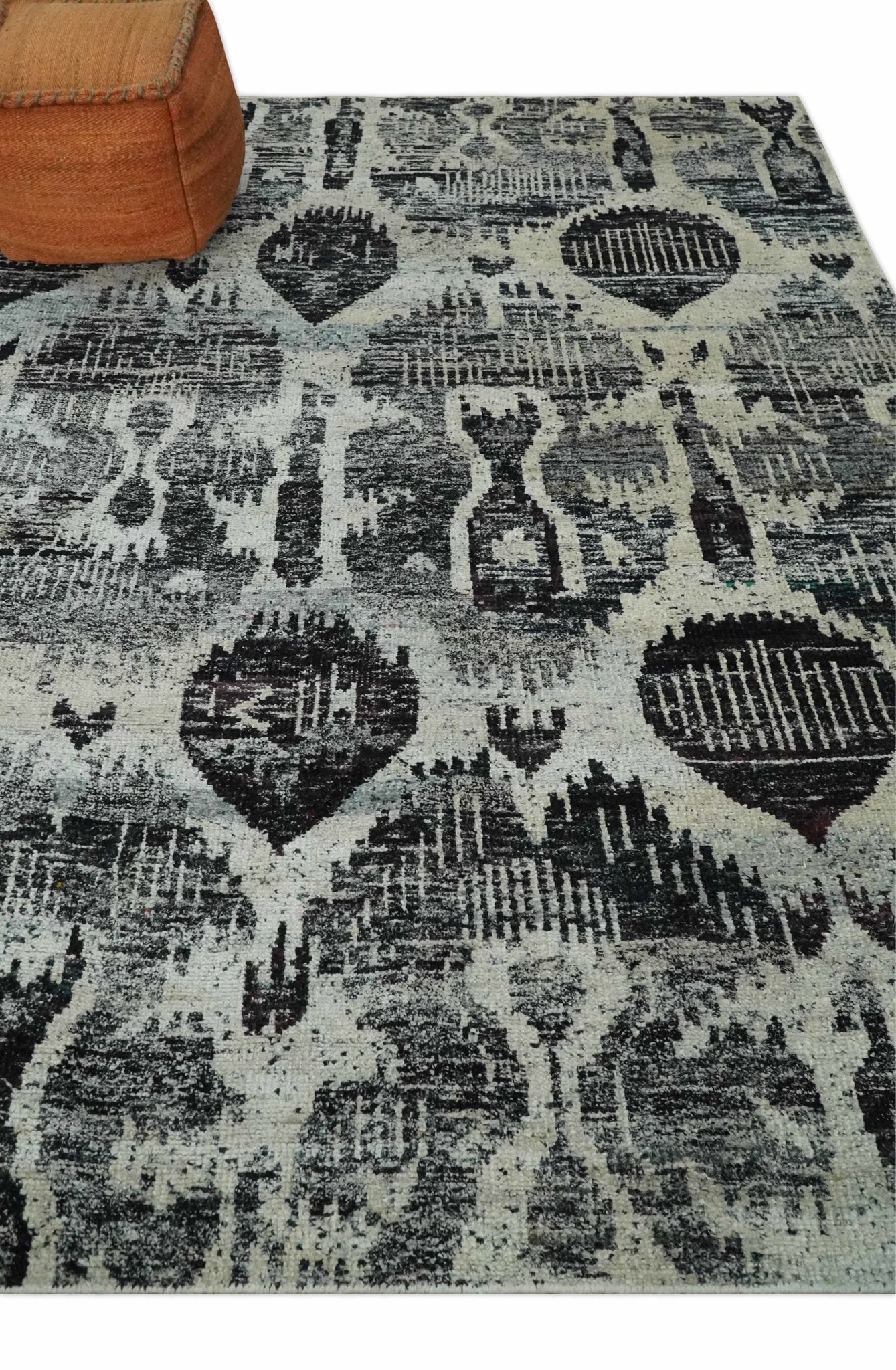 4x6 and 8x10 Hand Knotted Ivory, Charcoal and Brown  Antique Persian Style Contemporary Recycled Silk Area Rug | OP46 - Image 2