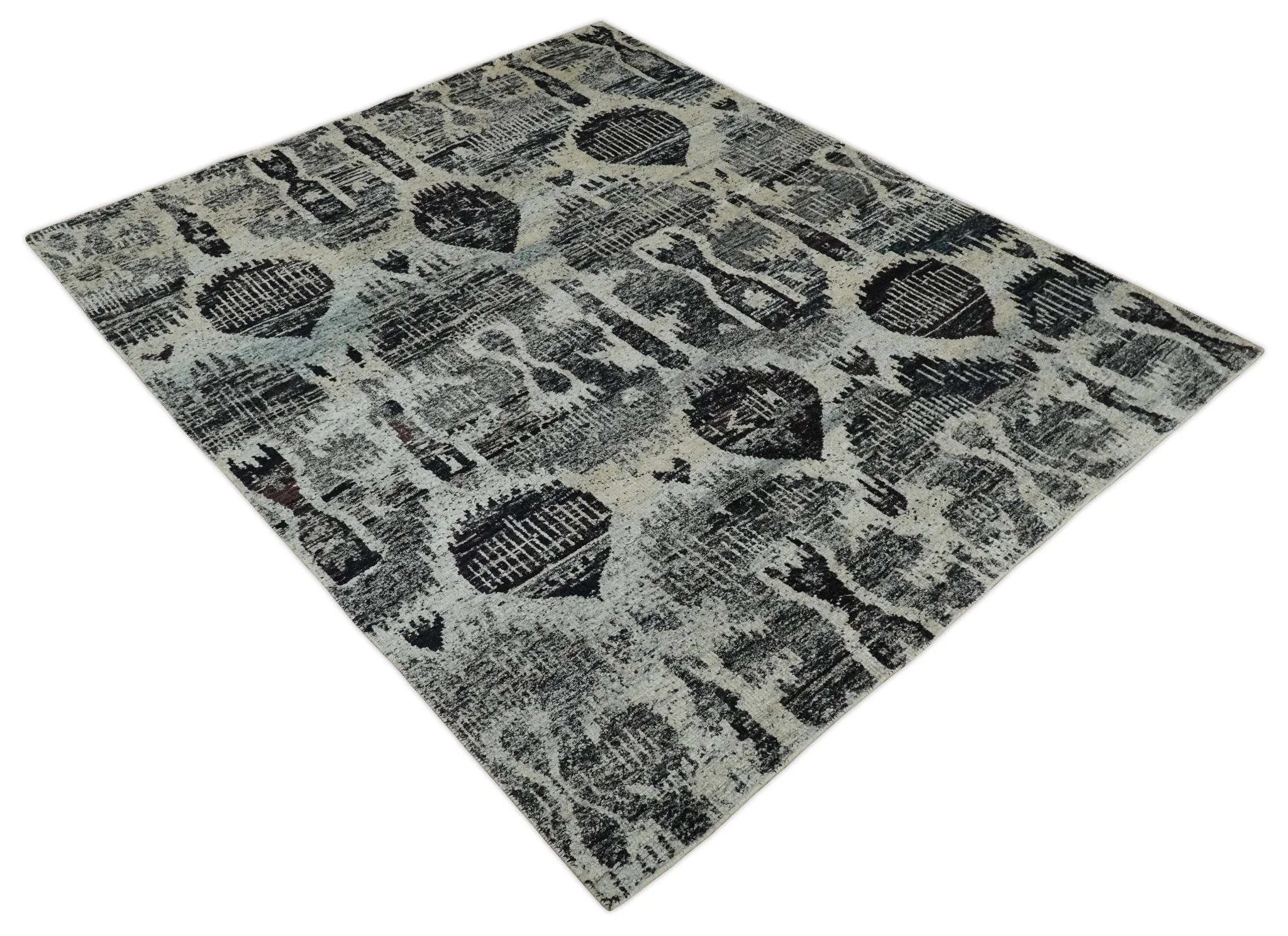 4x6 and 8x10 Hand Knotted Ivory, Charcoal and Brown  Antique Persian Style Contemporary Recycled Silk Area Rug | OP46 - Image 9