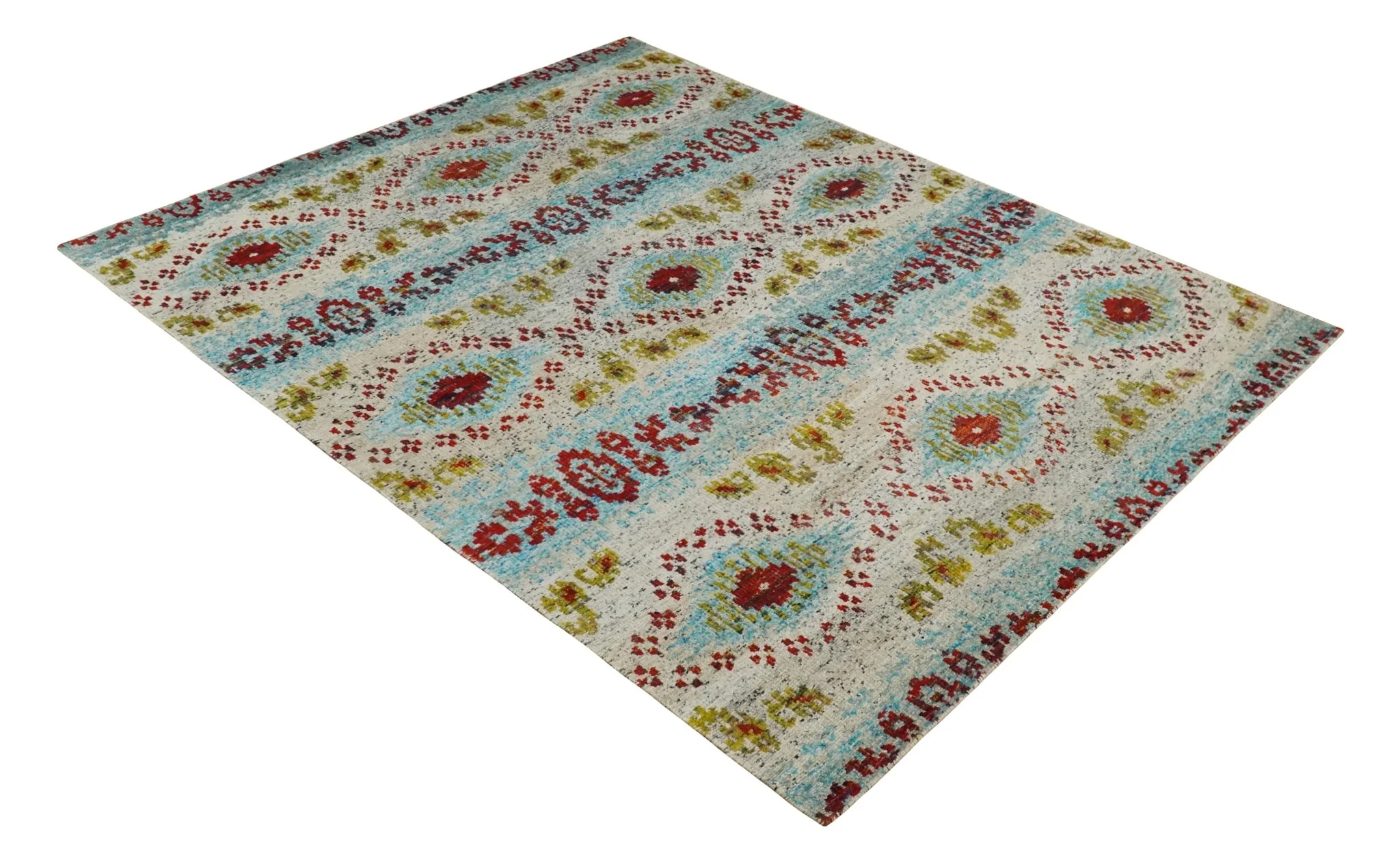 8x10 Hand Knotted Ivory, Red and Blue Persian made of Recycled Silk Area Rug | OP53 - Image 11